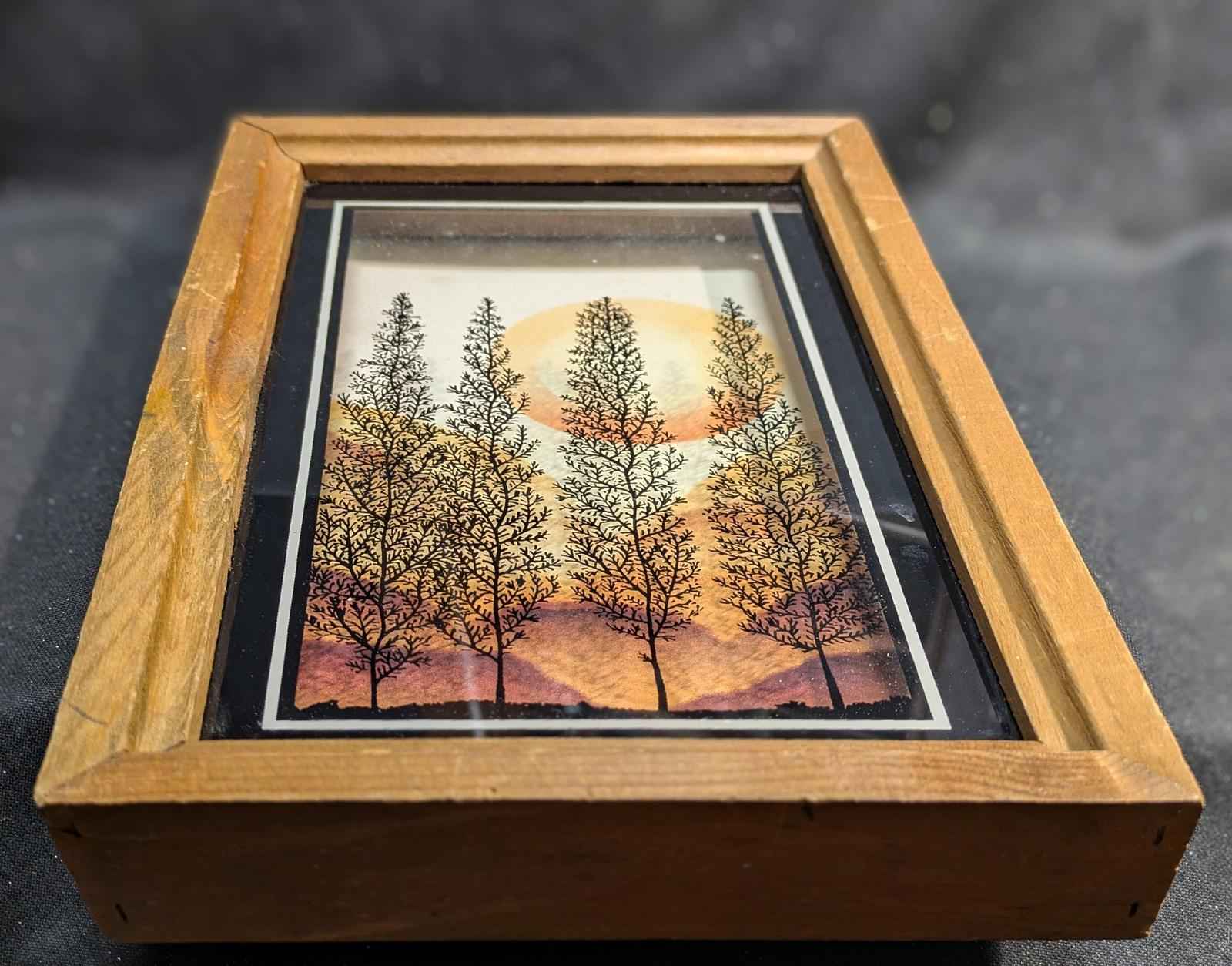 Vintage Painted Glass Framed Art/Shadow Box/Silhoutte Trees/LuLus Inc./70's.  Artist Virgil Thrasher - Shop Under The Cedar