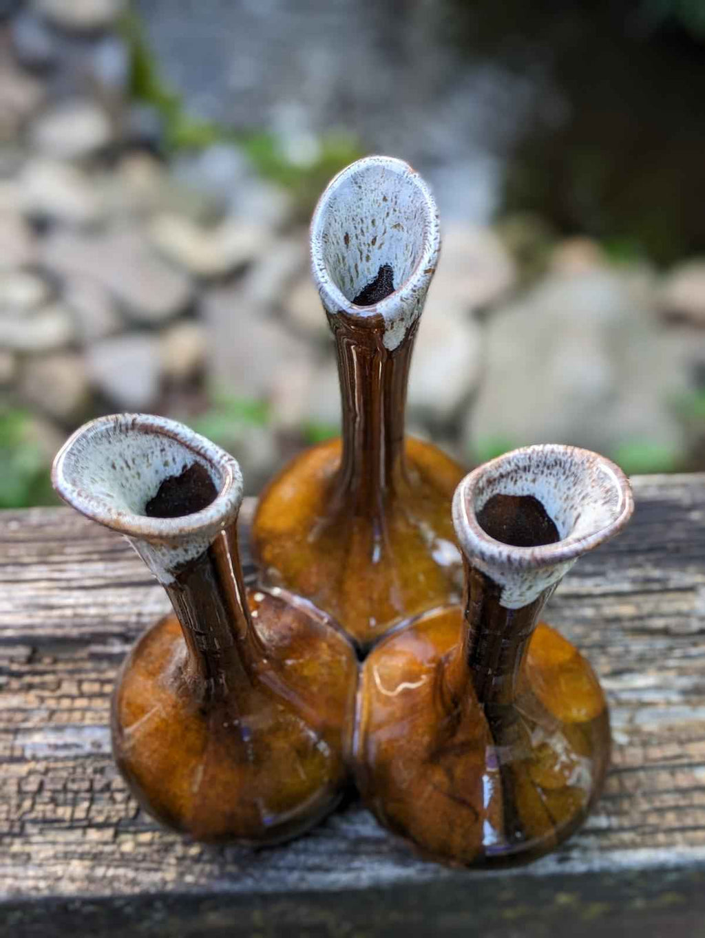 MCM Van Briggle triple bud vase with brown drip glaze - Shop Under The Cedar