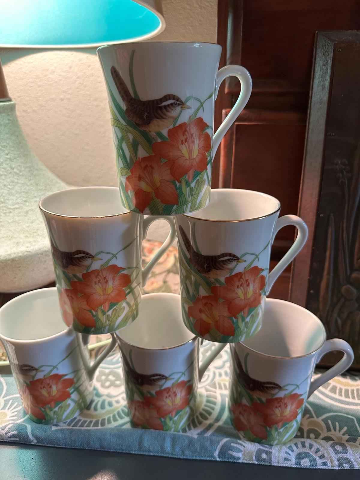 6 1980’s Otagiri Wren and Orange Day Lily Floral coffee or tea mugs - Shop Under The Cedar