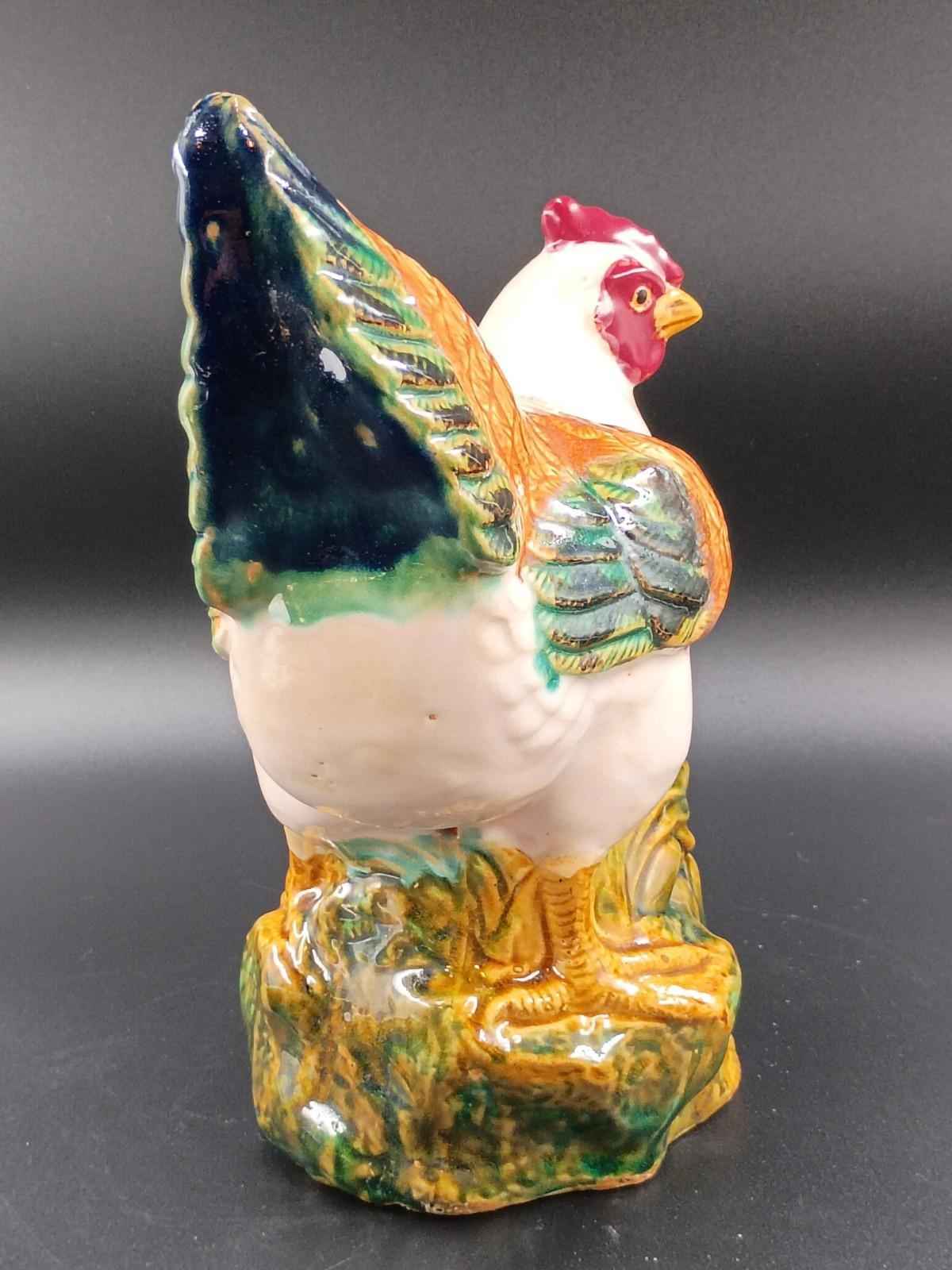 Vintage Majolica Rooster 12" and  Hen 11”Tall Ivory Green Ceramic Chickens