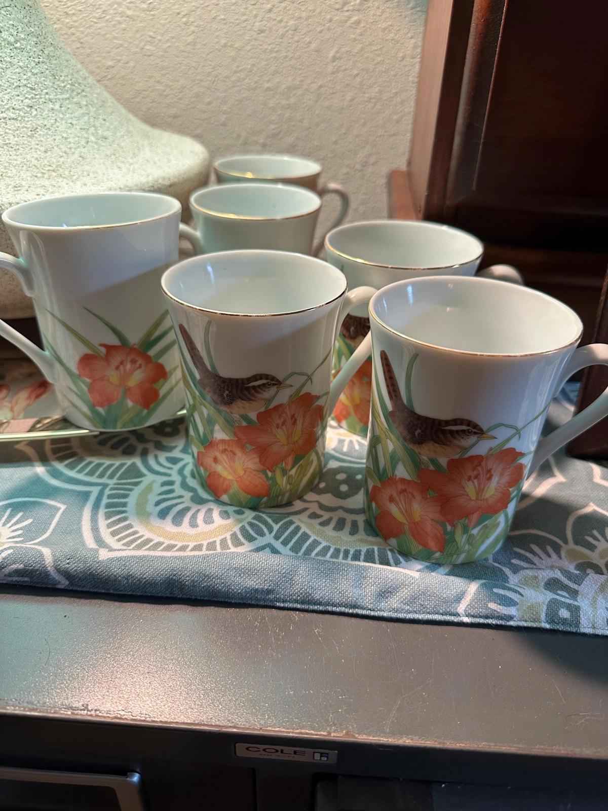6 1980’s Otagiri Wren and Orange Day Lily Floral coffee or tea mugs - Shop Under The Cedar