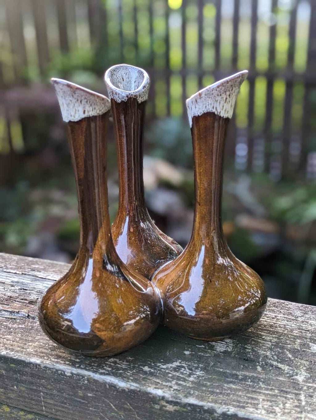 MCM Van Briggle triple bud vase with brown drip glaze - Shop Under The Cedar
