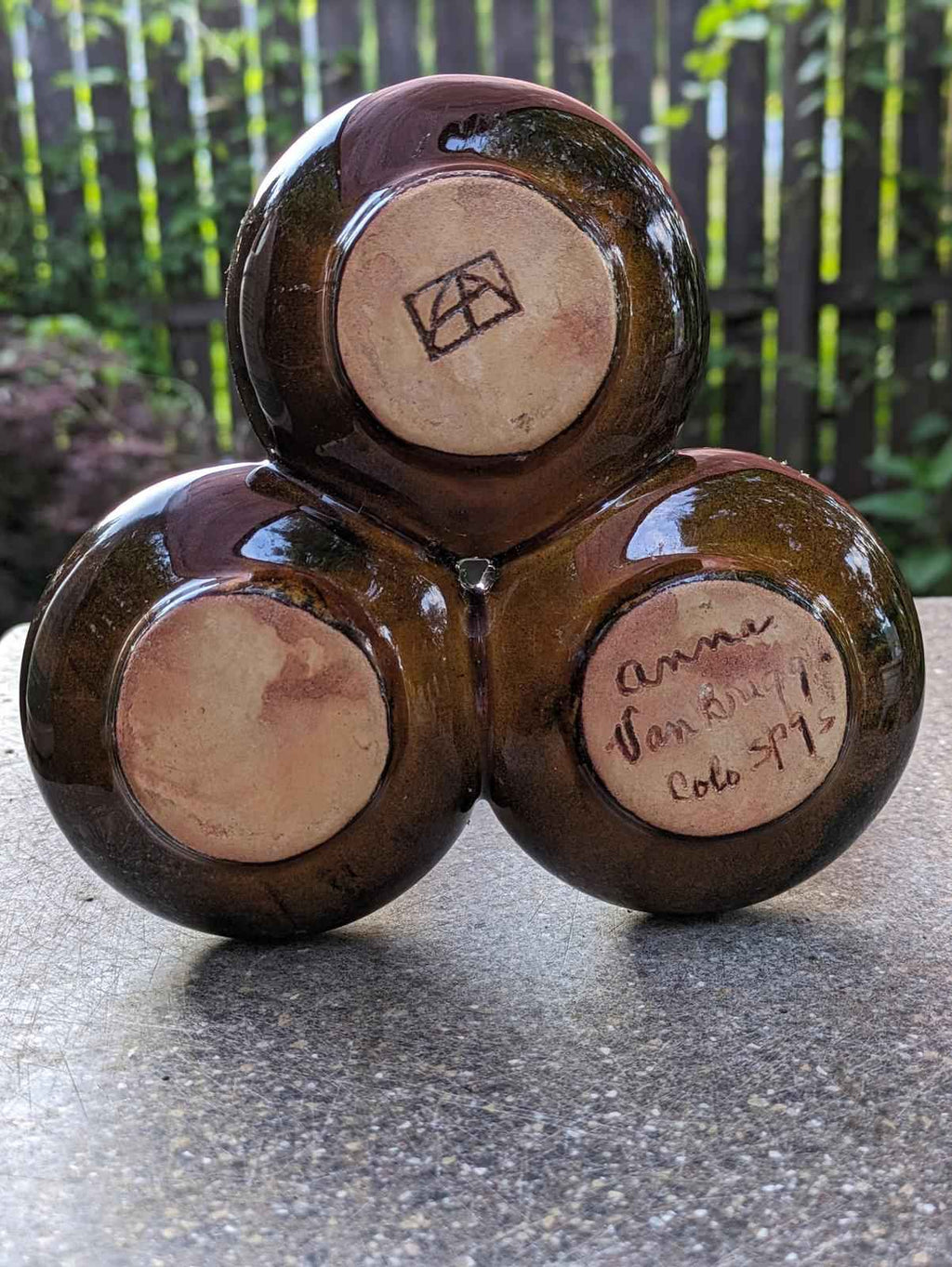 MCM Van Briggle triple bud vase with brown drip glaze - Shop Under The Cedar