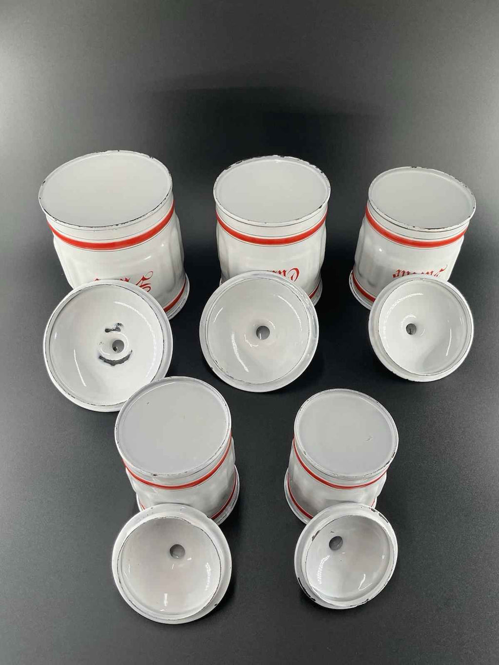 Vintage French Enamel Metal Kitchen Canister Set with Red Accents - Shop Under The Cedar