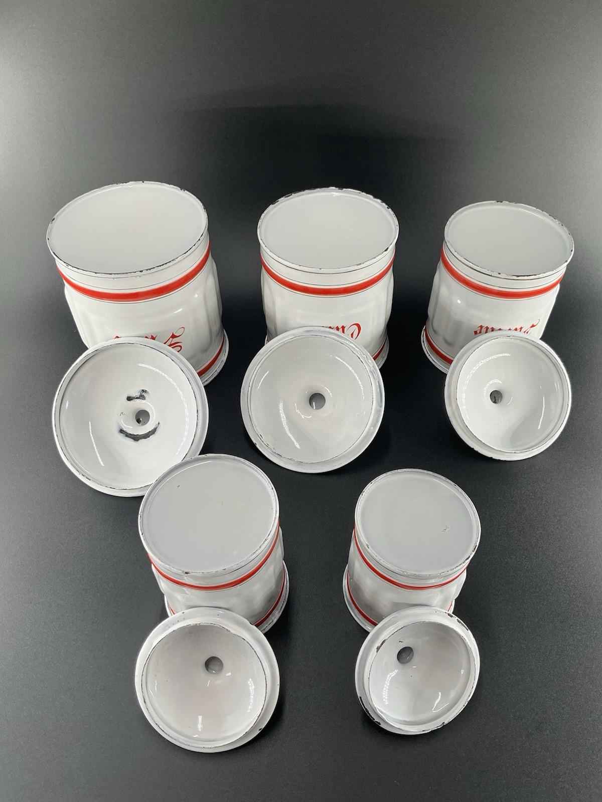 Vintage French Enamel Metal Kitchen Canister Set with Red Accents - Shop Under The Cedar