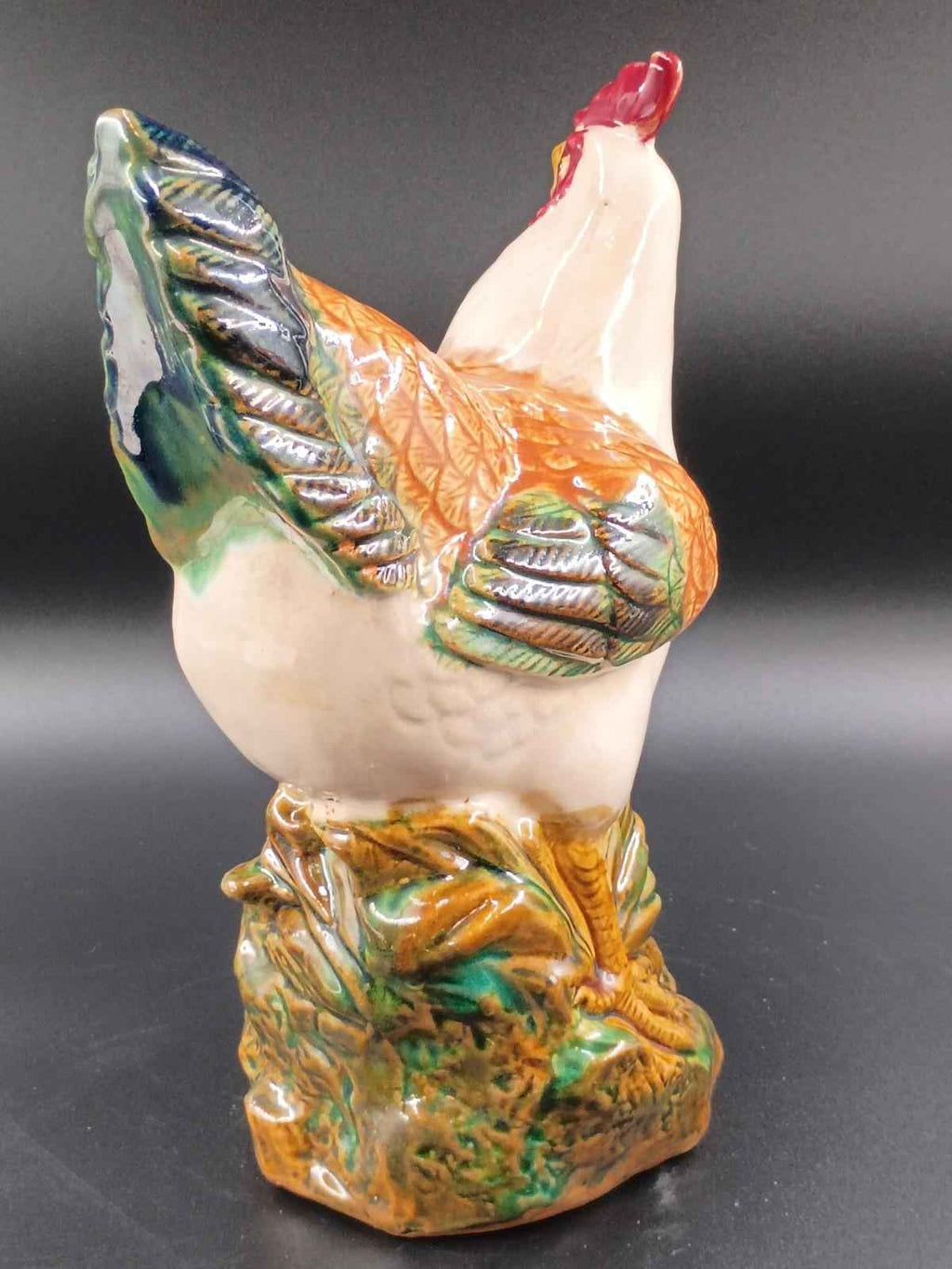 Vintage Majolica Rooster 12" and  Hen 11”Tall Ivory Green Ceramic Chickens