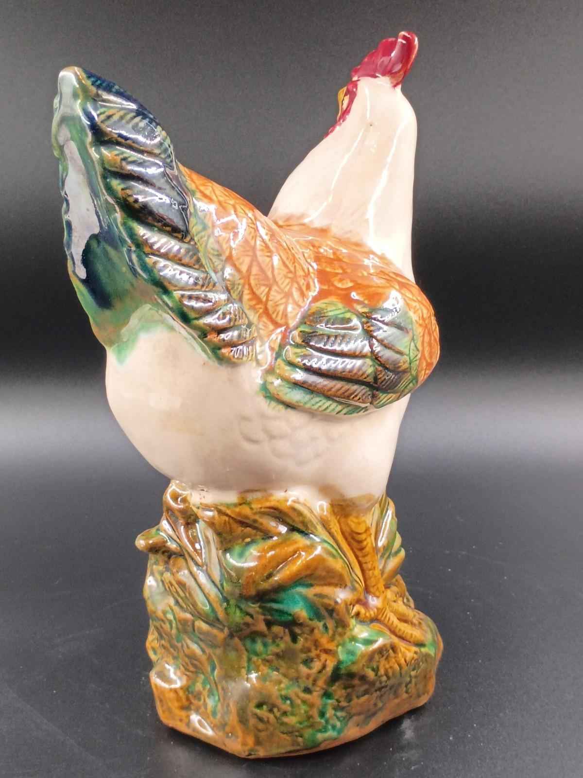 Vintage Majolica Rooster 12" and  Hen 11”Tall Ivory Green Ceramic Chickens
