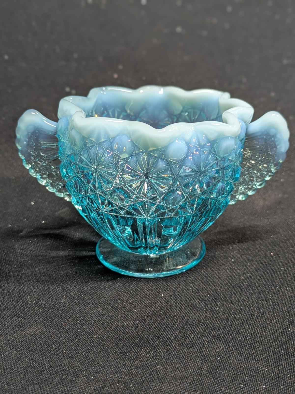 Vintage Fenton Opalescent Blue Daisy Button Open Sugar Bowl Fan Handles and - Shop Under The Cedar