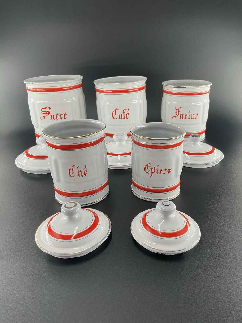 Vintage French Enamel Metal Kitchen Canister Set with Red Accents - Shop Under The Cedar