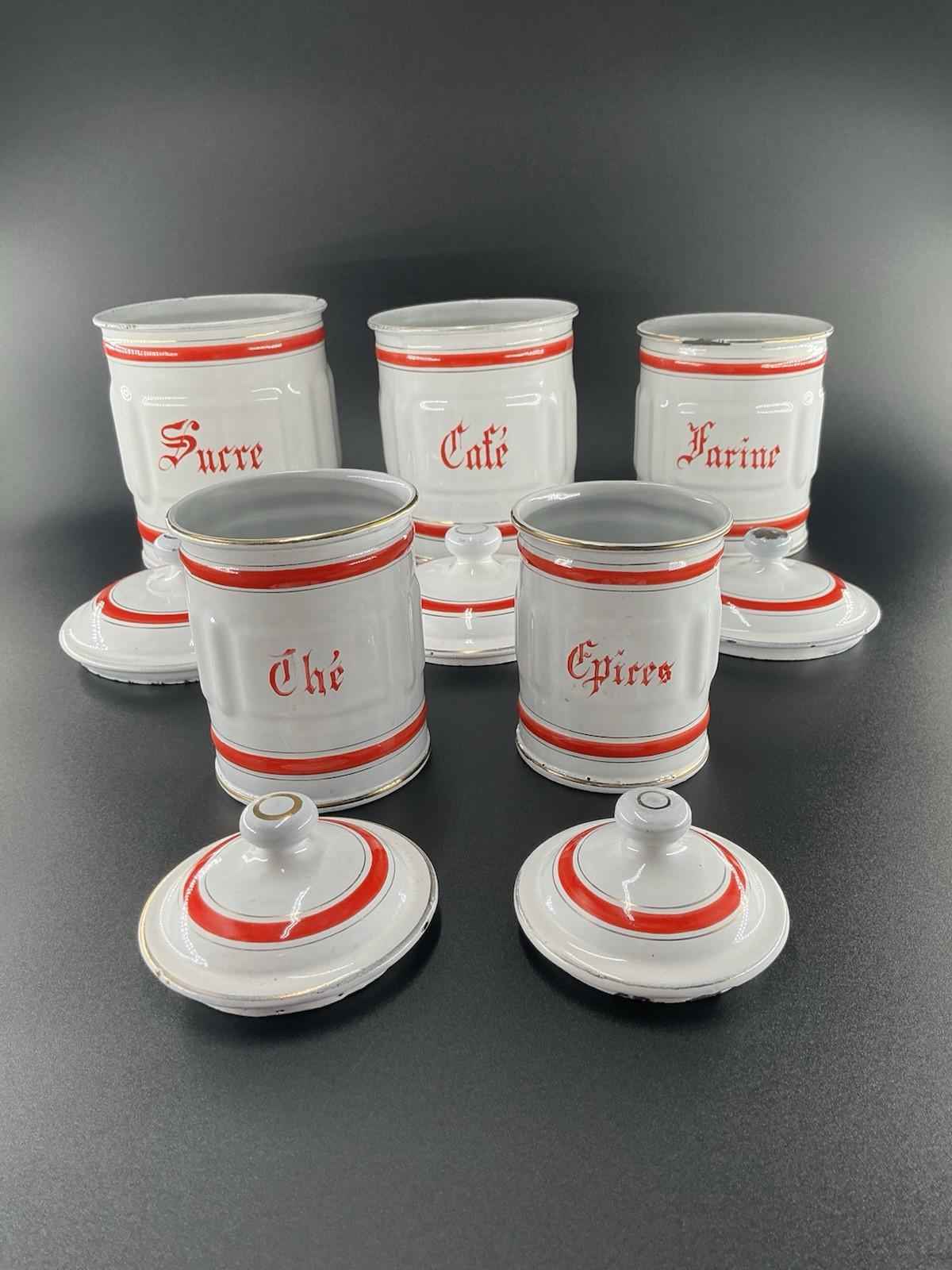 Vintage French Enamel Metal Kitchen Canister Set with Red Accents - Shop Under The Cedar