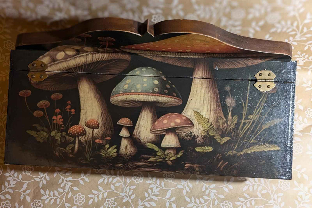One of a kind handmade, wooden decoupage woodland mushroom design. desk storage - Shop Under The Cedar