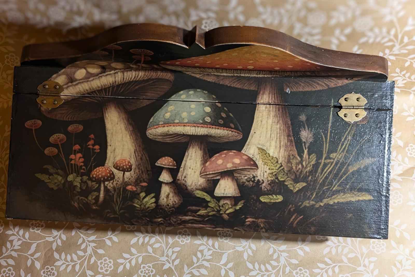 One of a kind handmade, wooden decoupage woodland mushroom design. desk storage - Shop Under The Cedar