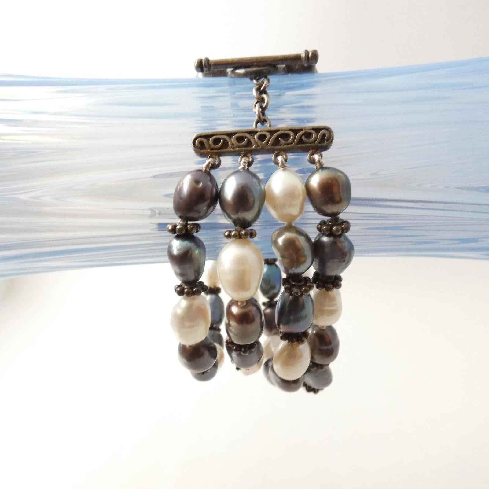 925 Sterling Silver Vintage 64g Real Fresh Water Pearl Tennis Link Heavy