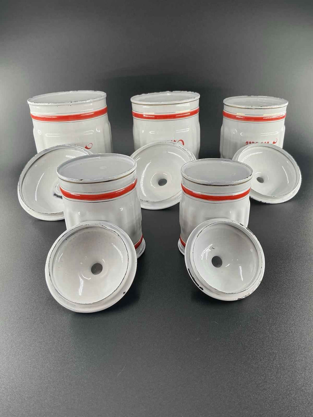 Vintage French Enamel Metal Kitchen Canister Set with Red Accents - Shop Under The Cedar
