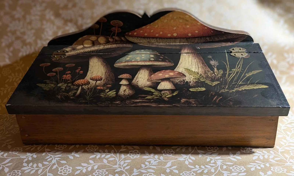One of a kind handmade, wooden decoupage woodland mushroom design. desk storage - Shop Under The Cedar