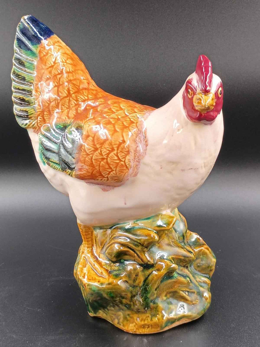 Vintage Majolica Rooster 12" and  Hen 11”Tall Ivory Green Ceramic Chickens