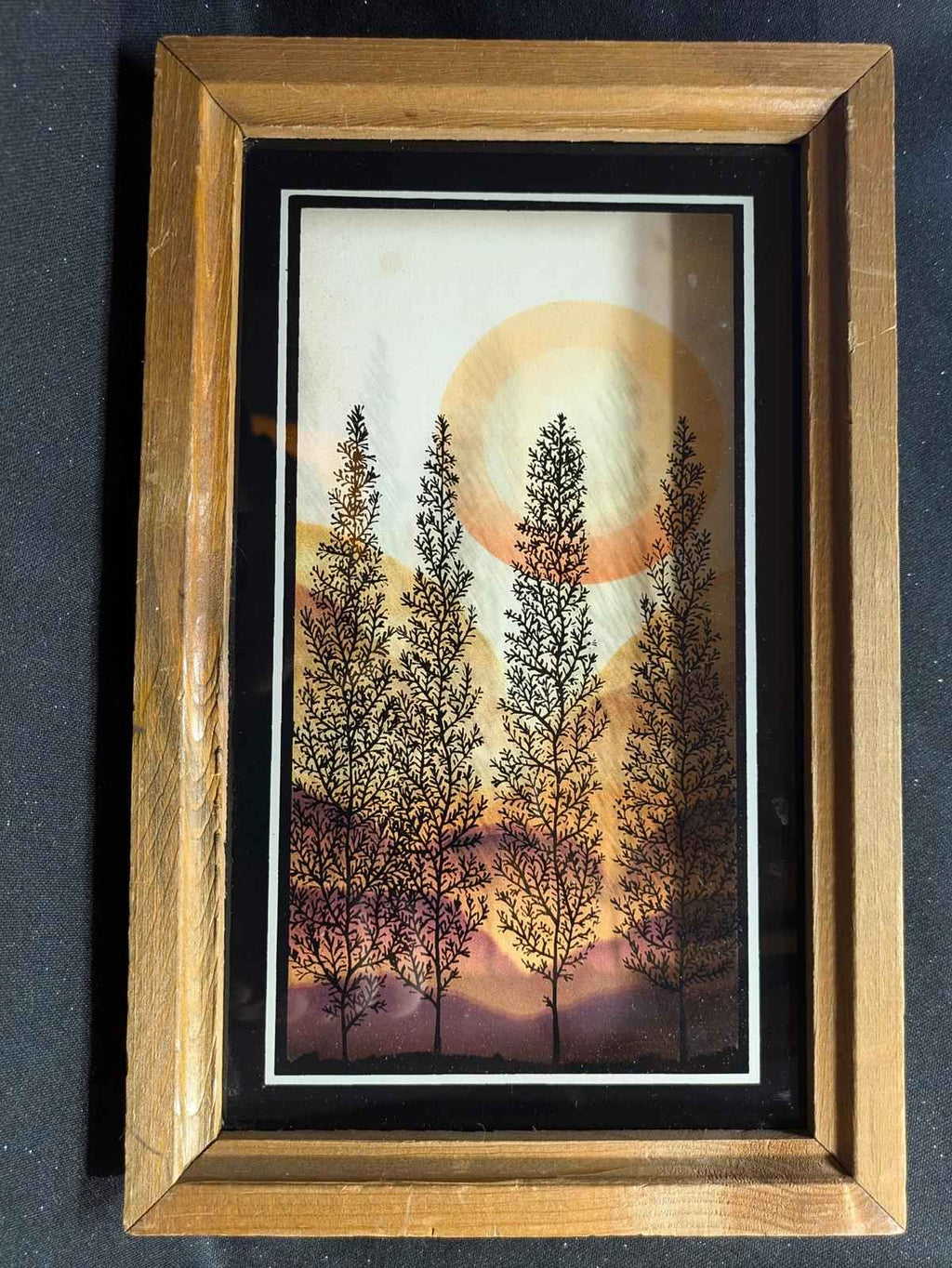 Vintage Painted Glass Framed Art/Shadow Box/Silhoutte Trees/LuLus Inc./70's.  Artist Virgil Thrasher - Shop Under The Cedar