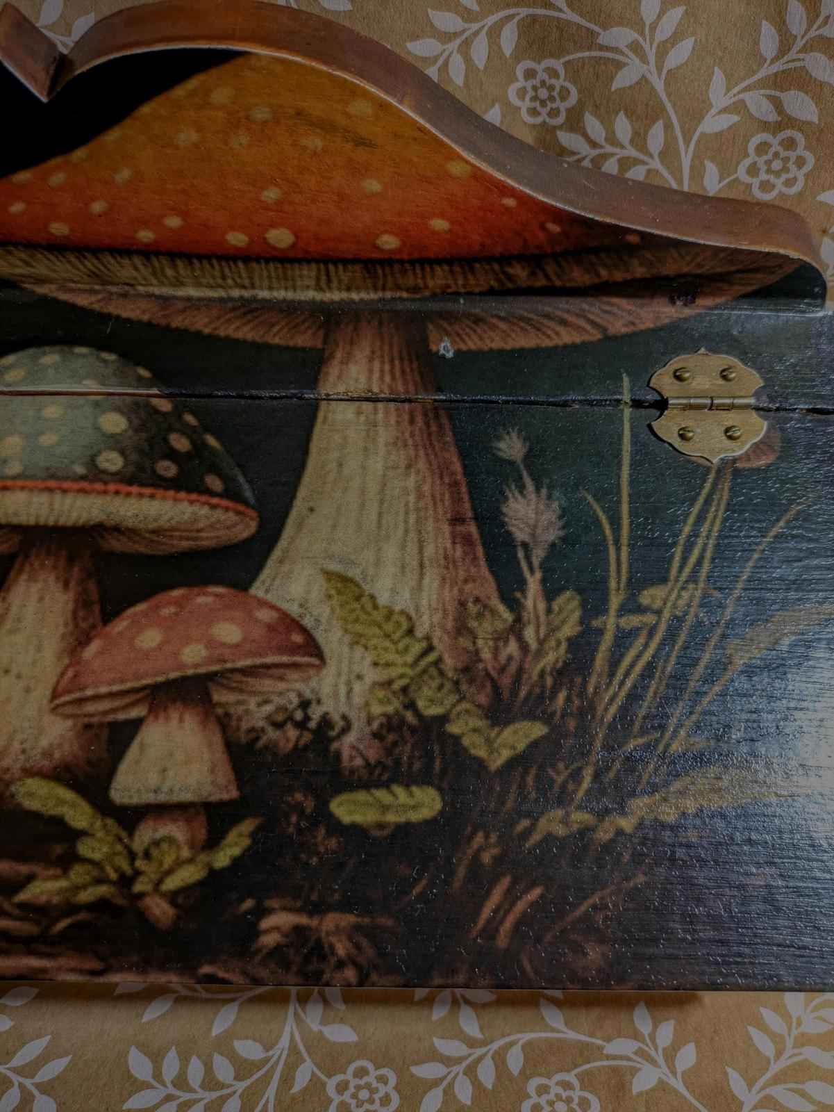 One of a kind handmade, wooden decoupage woodland mushroom design. desk storage - Shop Under The Cedar