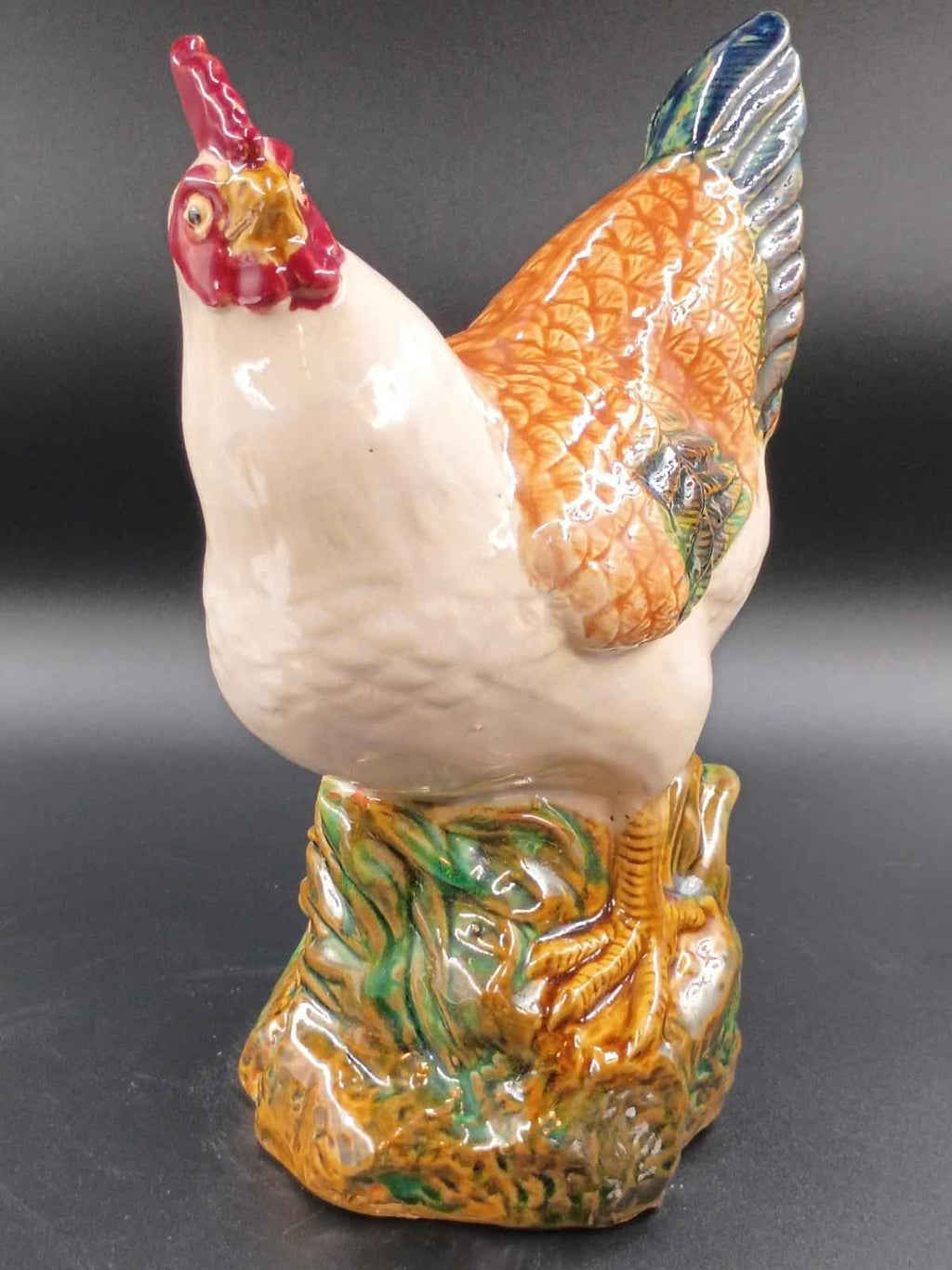 Vintage Majolica Rooster 12" and  Hen 11”Tall Ivory Green Ceramic Chickens