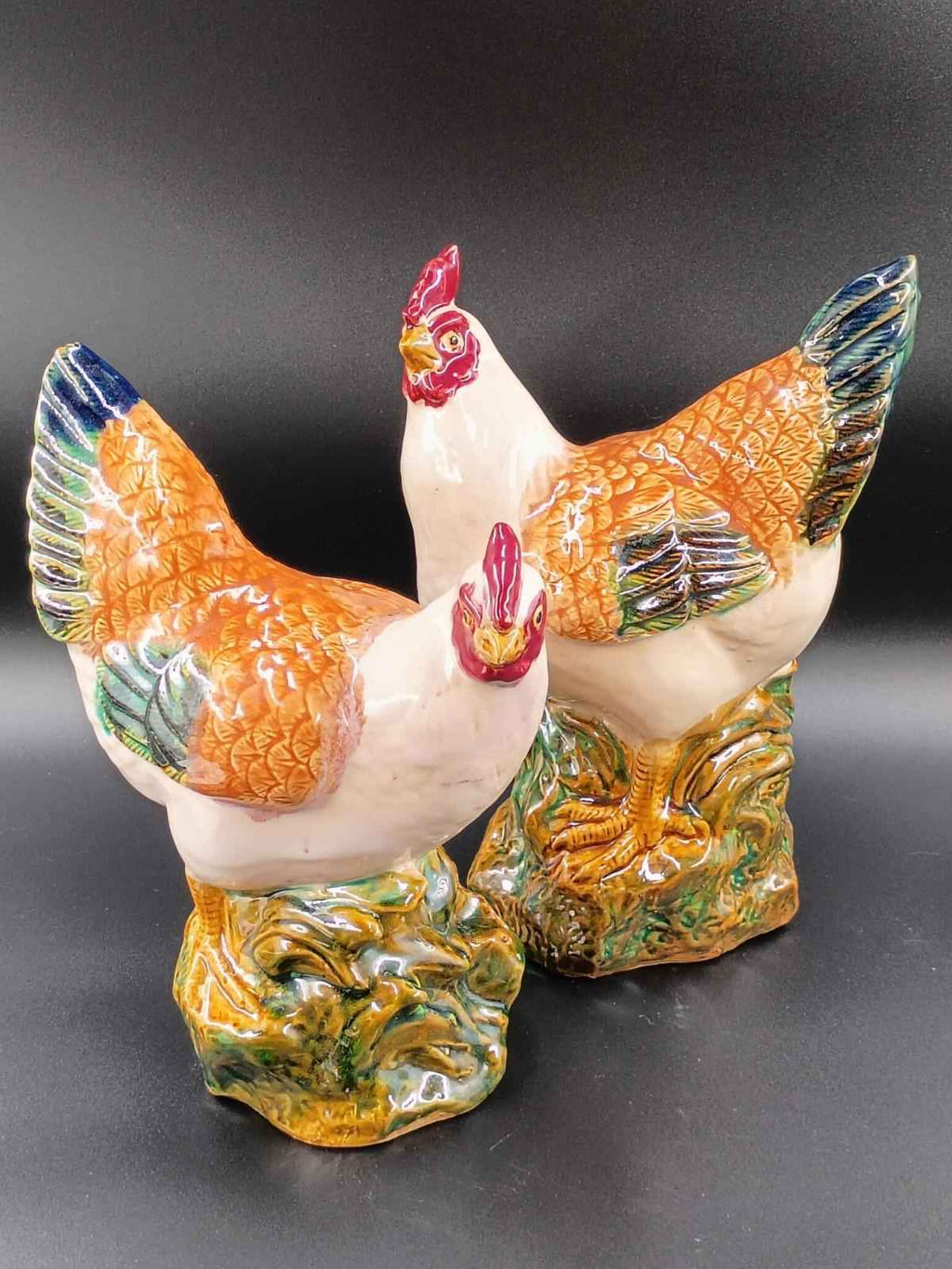 Vintage Majolica Rooster 12" and  Hen 11”Tall Ivory Green Ceramic Chickens