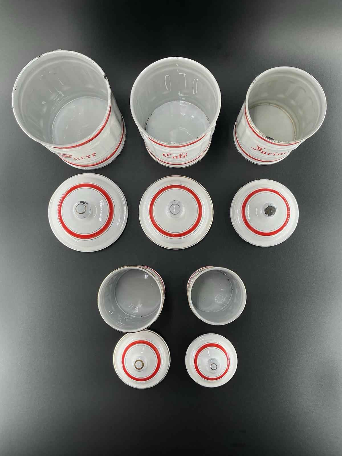 Vintage French Enamel Metal Kitchen Canister Set with Red Accents - Shop Under The Cedar