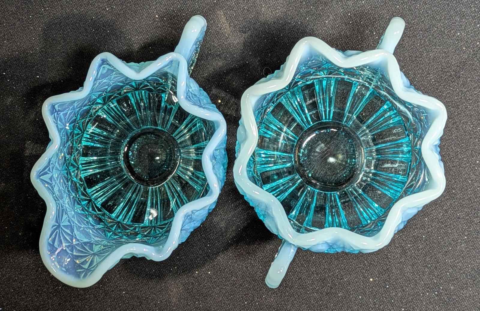 Vintage Fenton Opalescent Blue Daisy Button Open Sugar Bowl Fan Handles and - Shop Under The Cedar