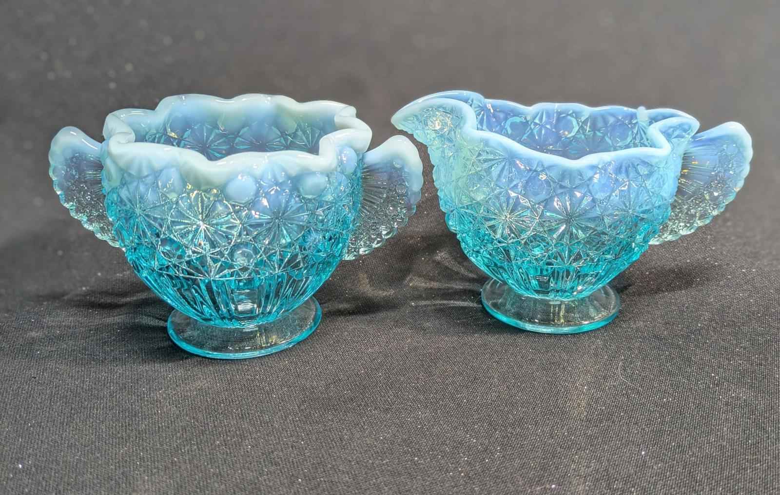 Vintage Fenton Opalescent Blue Daisy Button Open Sugar Bowl Fan Handles and - Shop Under The Cedar