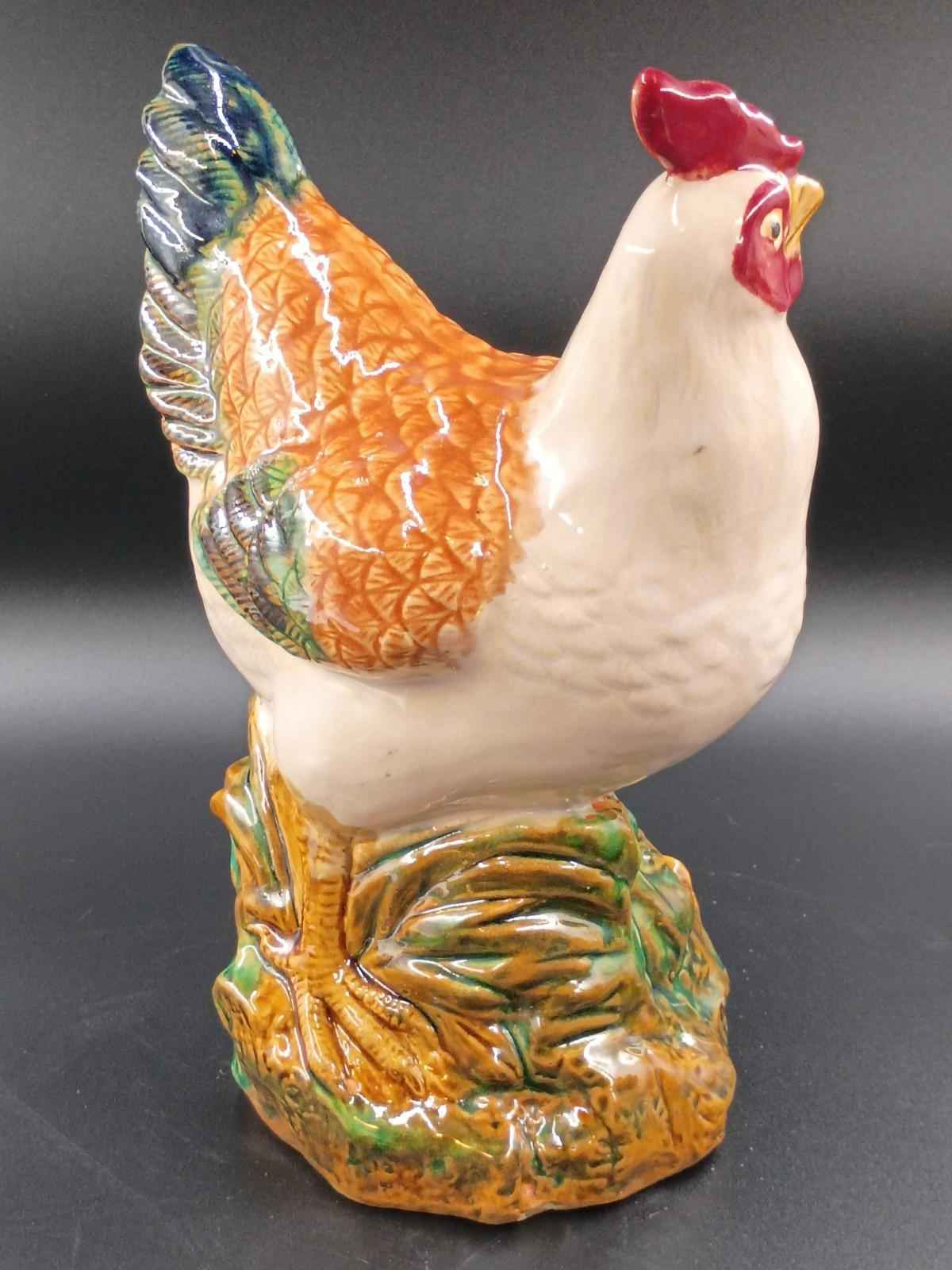 Vintage Majolica Rooster 12" and  Hen 11”Tall Ivory Green Ceramic Chickens