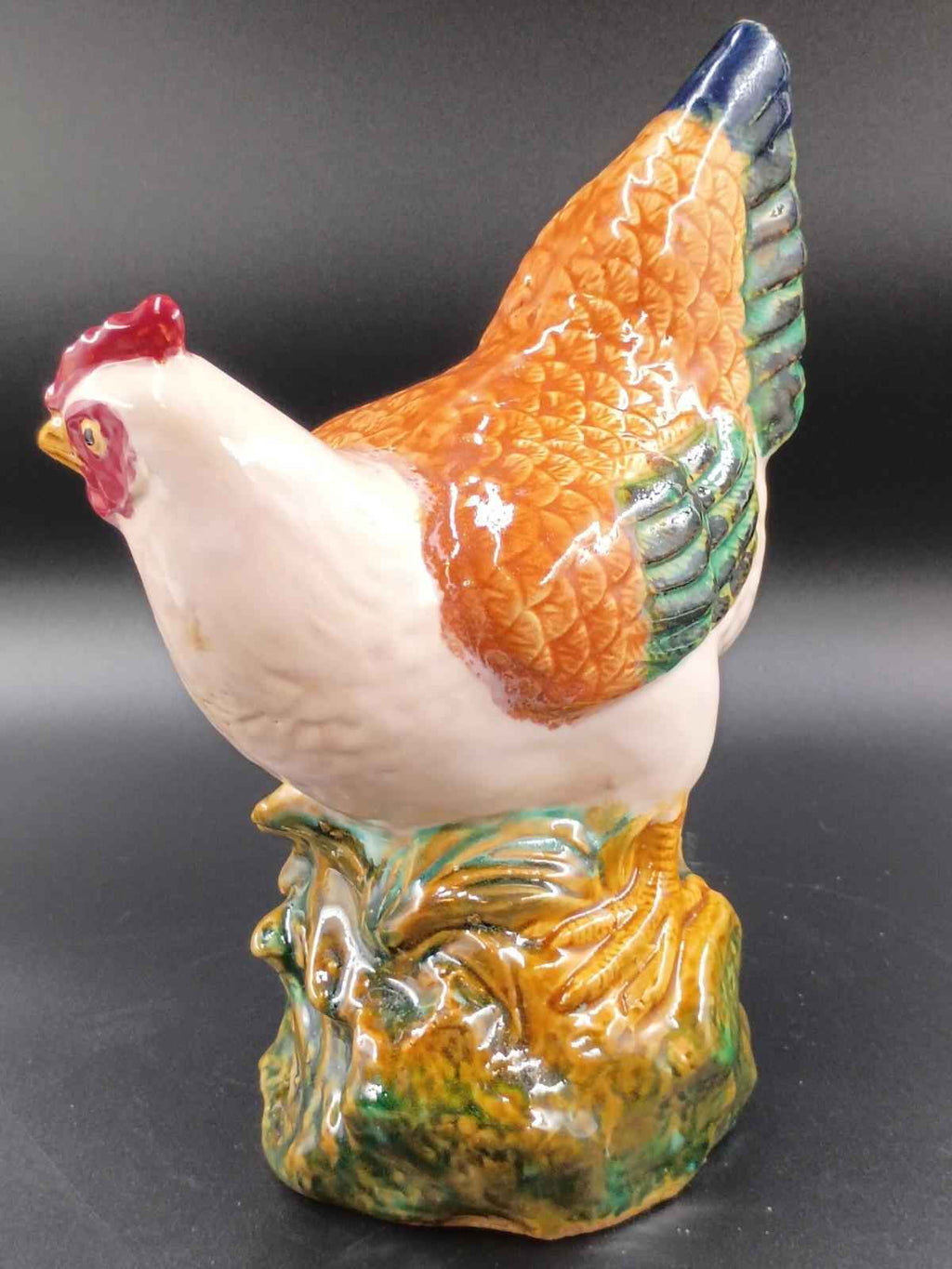 Vintage Majolica Rooster 12" and  Hen 11”Tall Ivory Green Ceramic Chickens