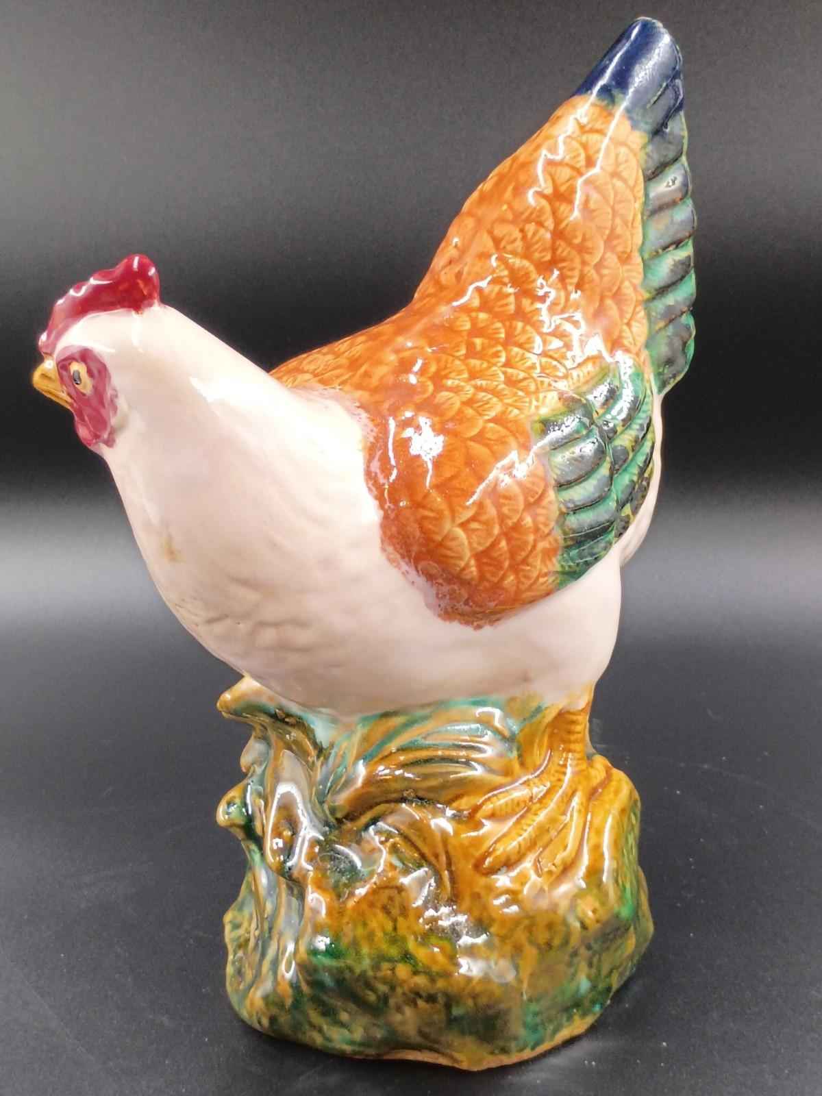 Vintage Majolica Rooster 12" and  Hen 11”Tall Ivory Green Ceramic Chickens