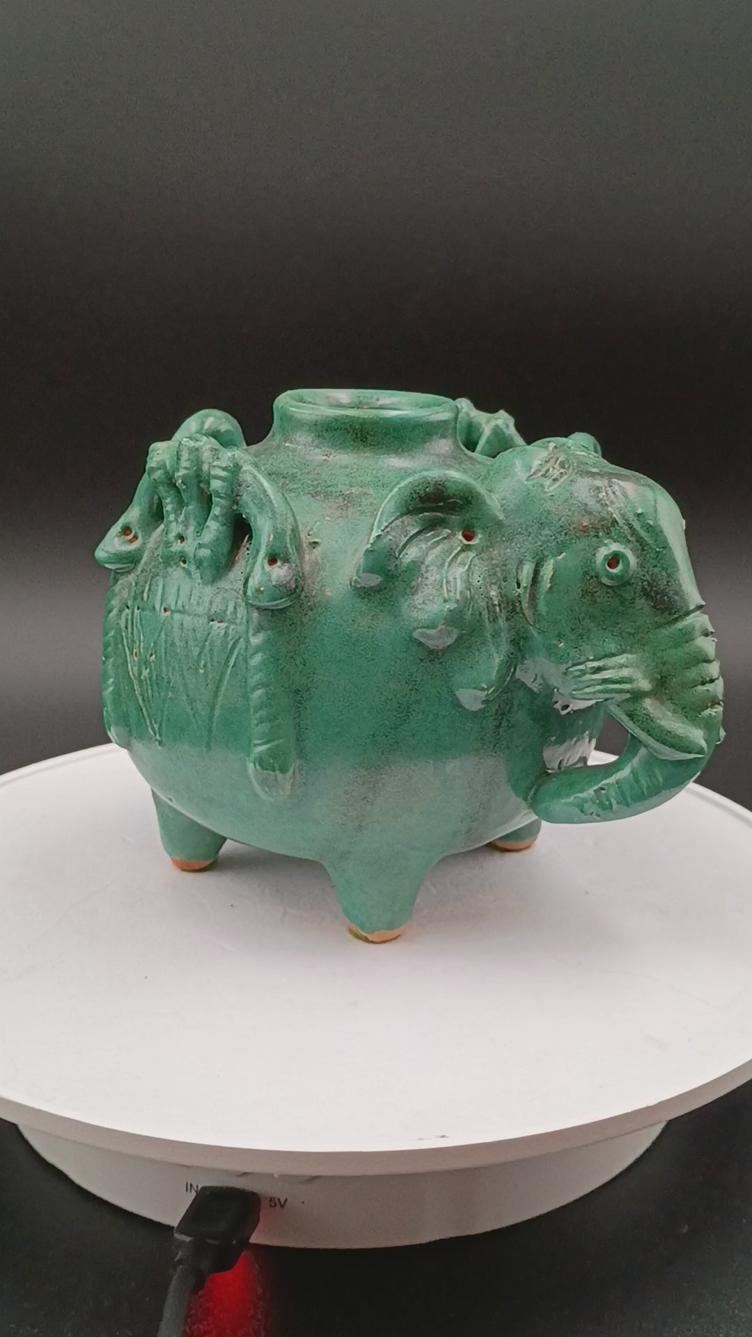 Antique Green Pottery Elephant Vase 4in x 5in