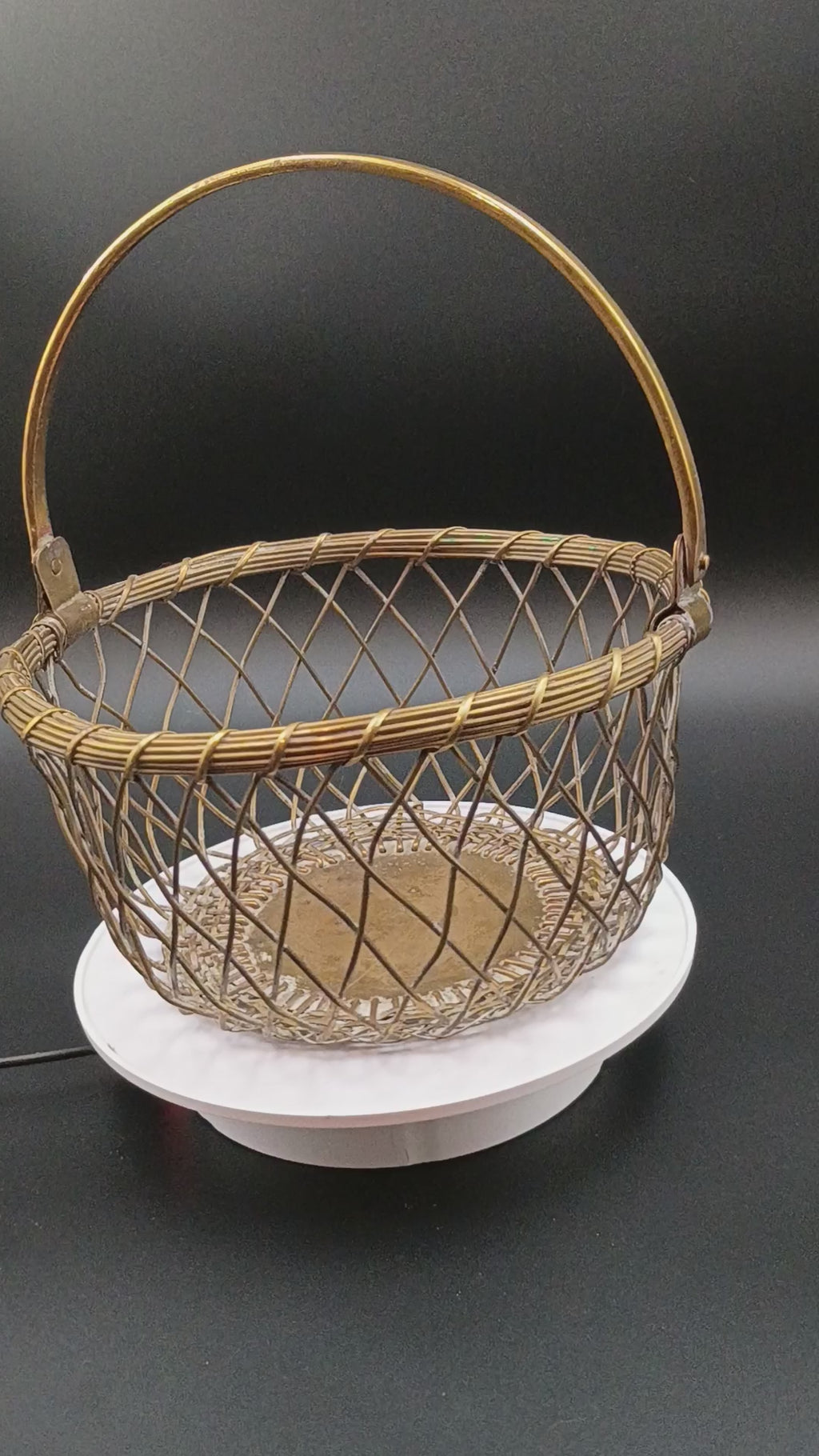 Brass Round Basket Woven Metal Hinged Handle Natural Patina India