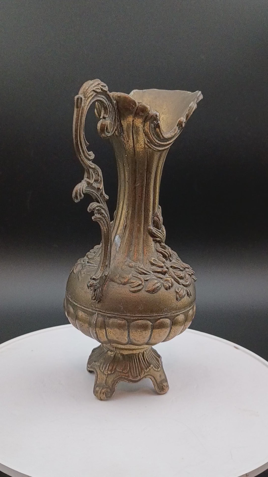 Vintage Italian Brass Finish Pitcher, Ewer, Vase Floral Pattern Made in Italy