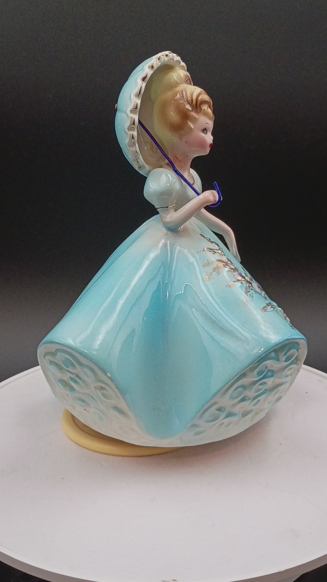 Vintage Josef Originals Lady in Blue Dress Porcelain Music Box Figurine. 6in tall