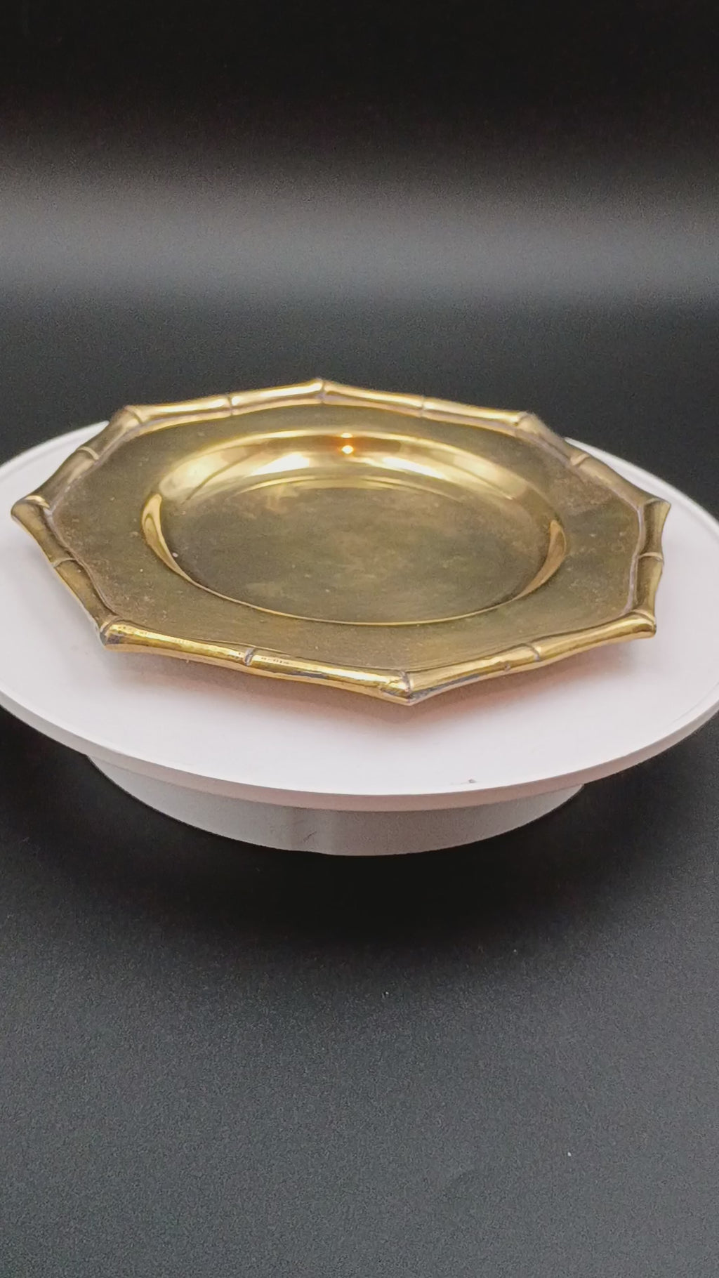 Vintage Octagonal Solid Brass Tray Plate Trinket Dish with Faux Bamboo Rim 6in