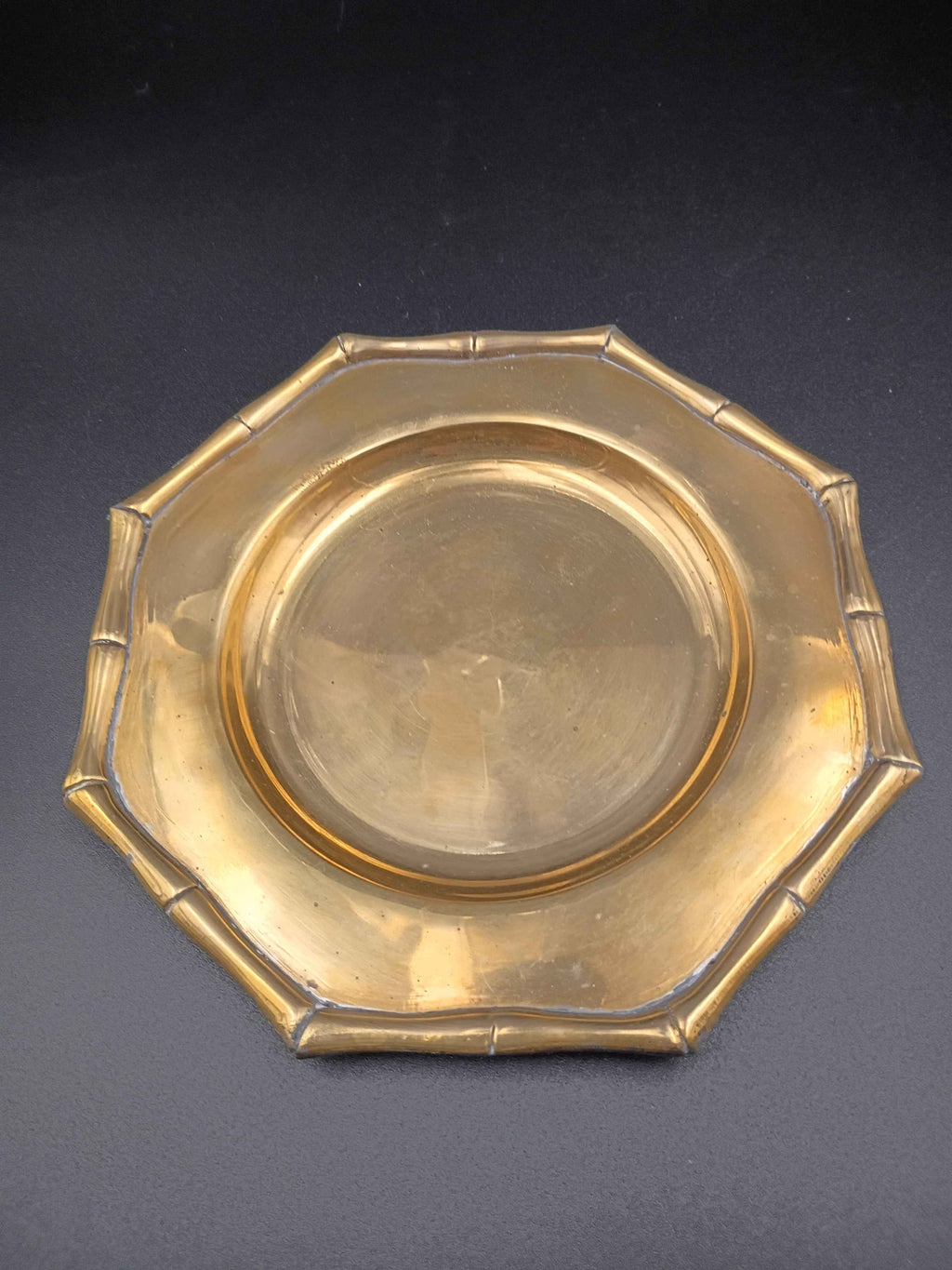 Vintage Octagonal Solid Brass Tray Plate Trinket Dish with Faux Bamboo Rim 6in - Shop Under The Cedar
