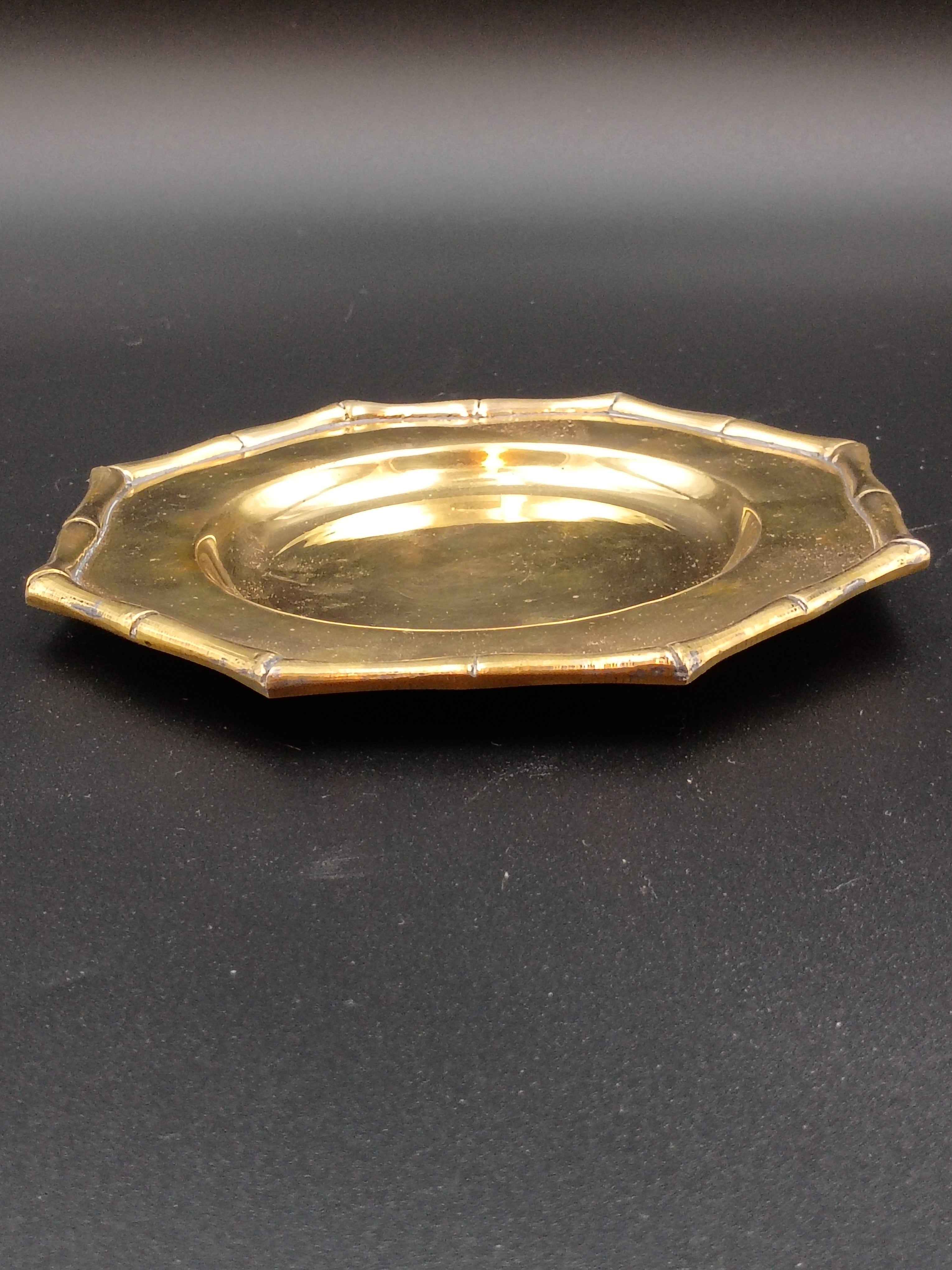 Vintage Octagonal Solid Brass Tray Plate Trinket Dish with Faux Bamboo Rim 6in - Shop Under The Cedar