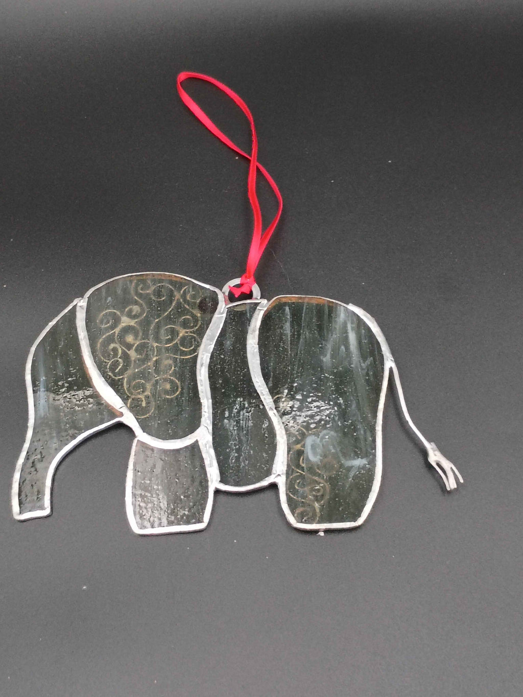Glass Elephant, Flat, ornamental, hanging.  7in x 5 in