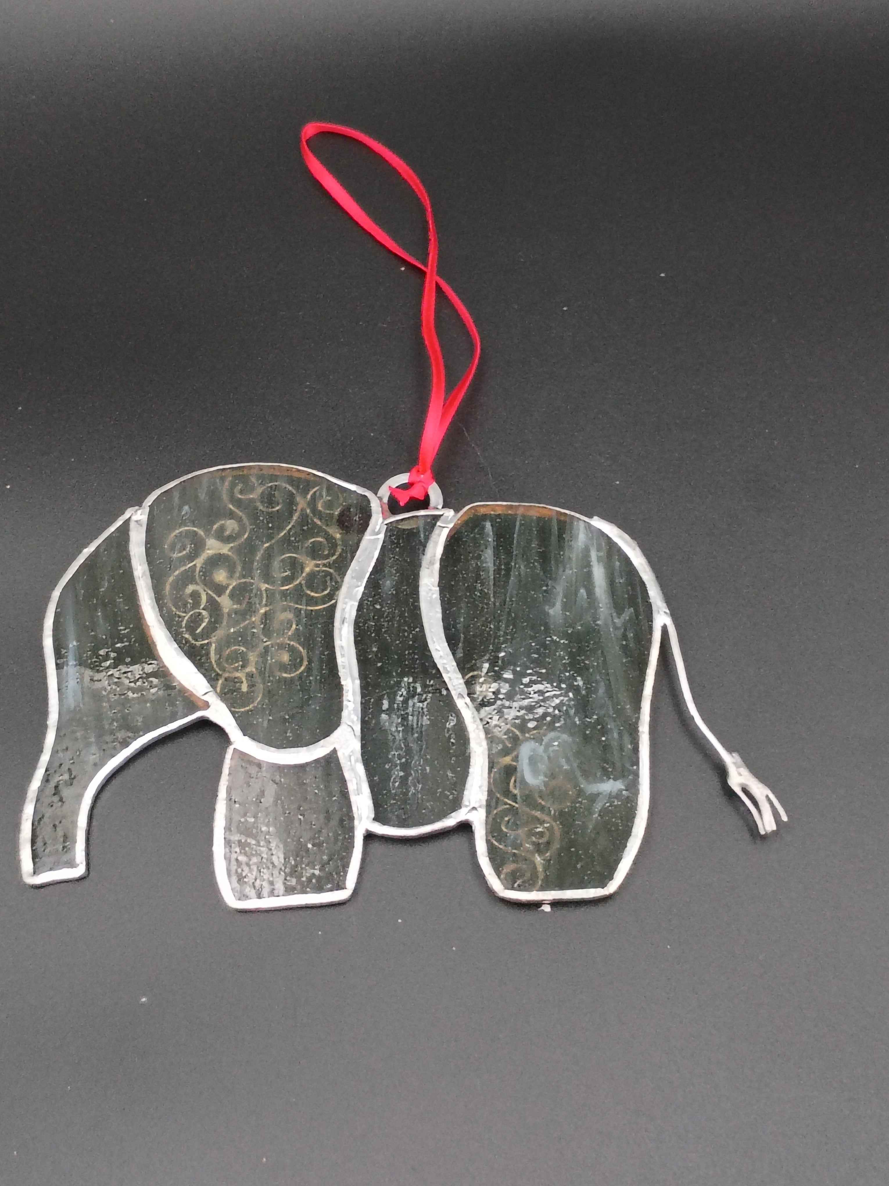 Glass Elephant, Flat, ornamental, hanging.  7in x 5 in