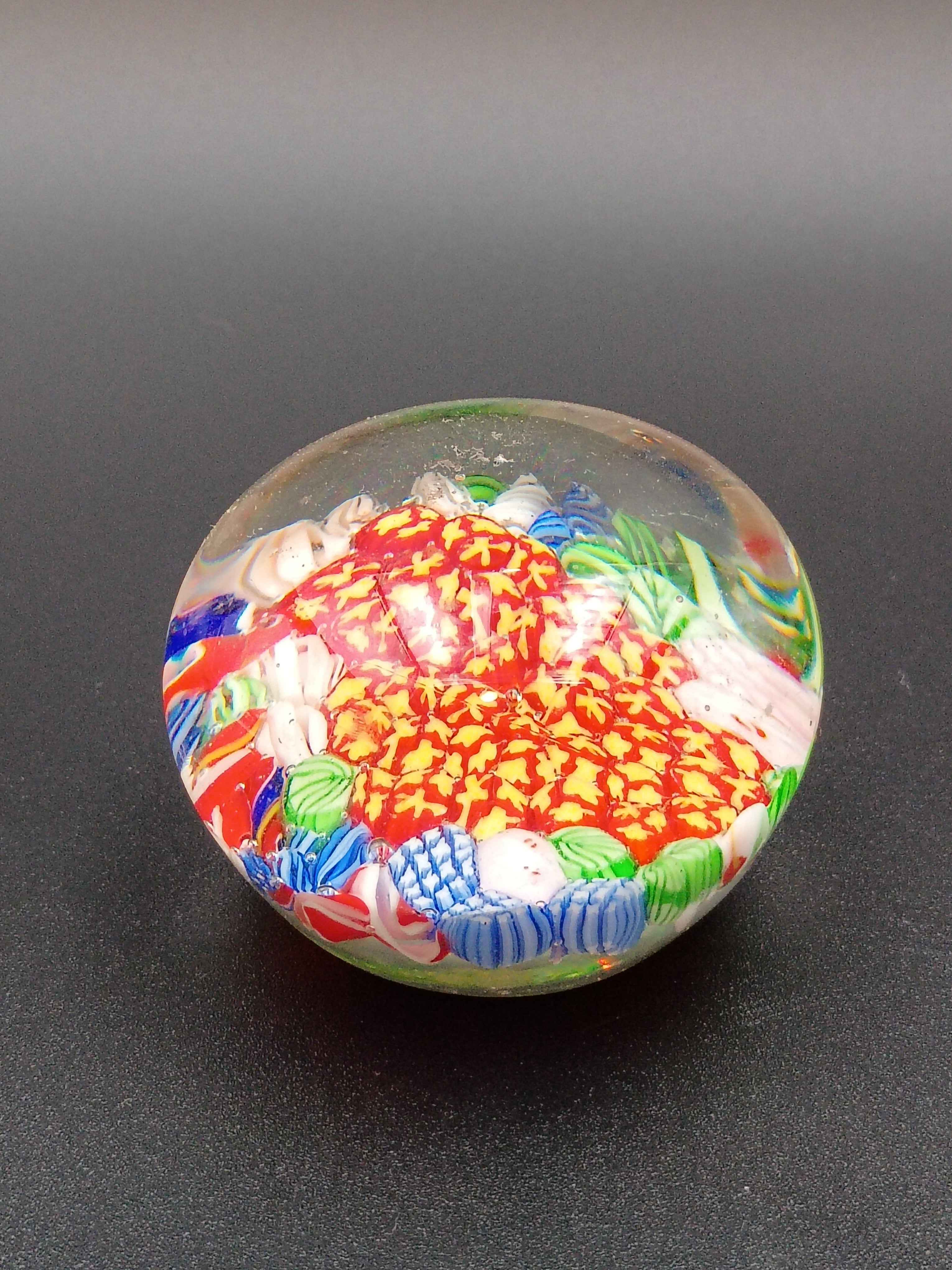 Art Glass Paperweights, three 2-3in Paperweights Old Vintage Art Glass Millefiori Paperweight Colorful