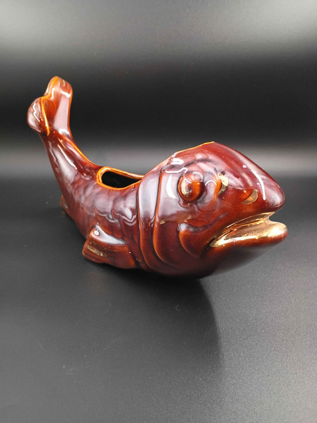 McCoy Koi Fish Planter/ Vase Brown w Gold Accents Pottery #285 Mid-Century MCM