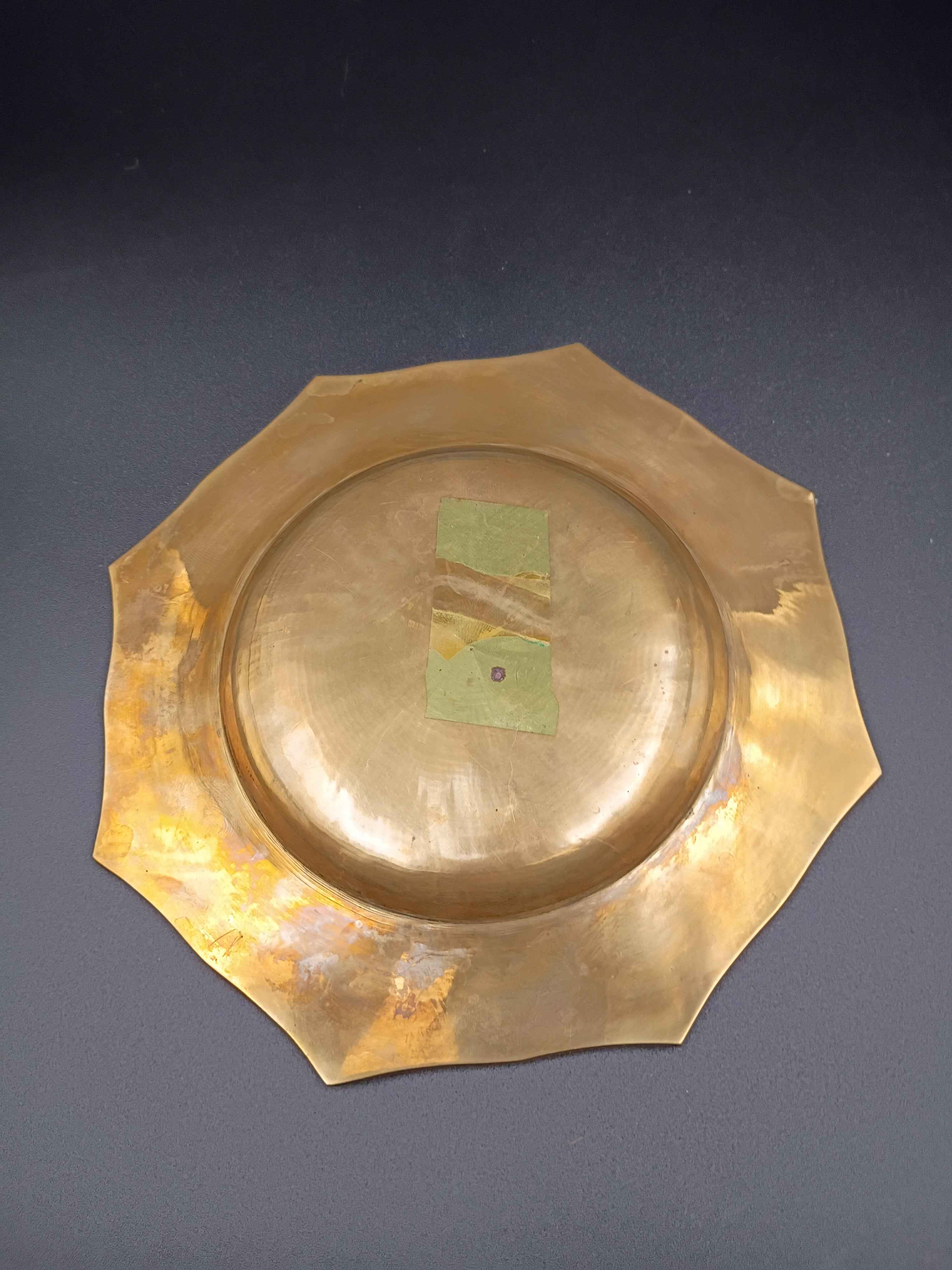 Vintage Octagonal Solid Brass Tray Plate Trinket Dish with Faux Bamboo Rim 6in - Shop Under The Cedar