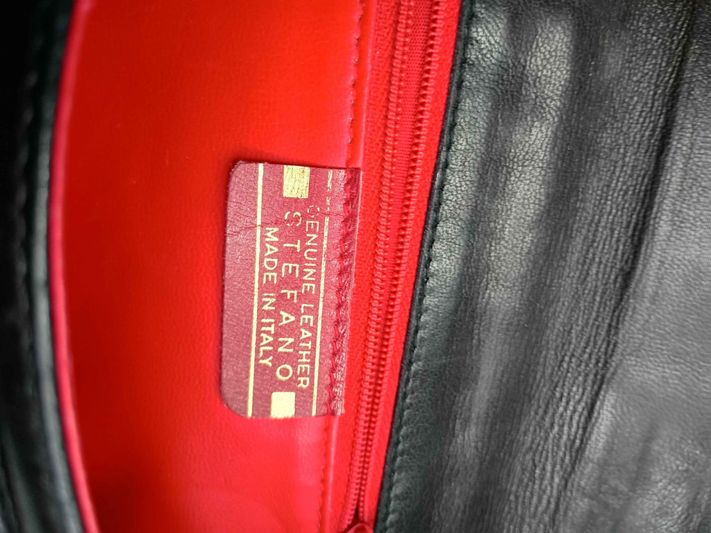 Stefano Handbag Genuine Leather Vintage Black Italian Shoulder Bag, Red Interior.  6in x 9in - Shop Under The Cedar