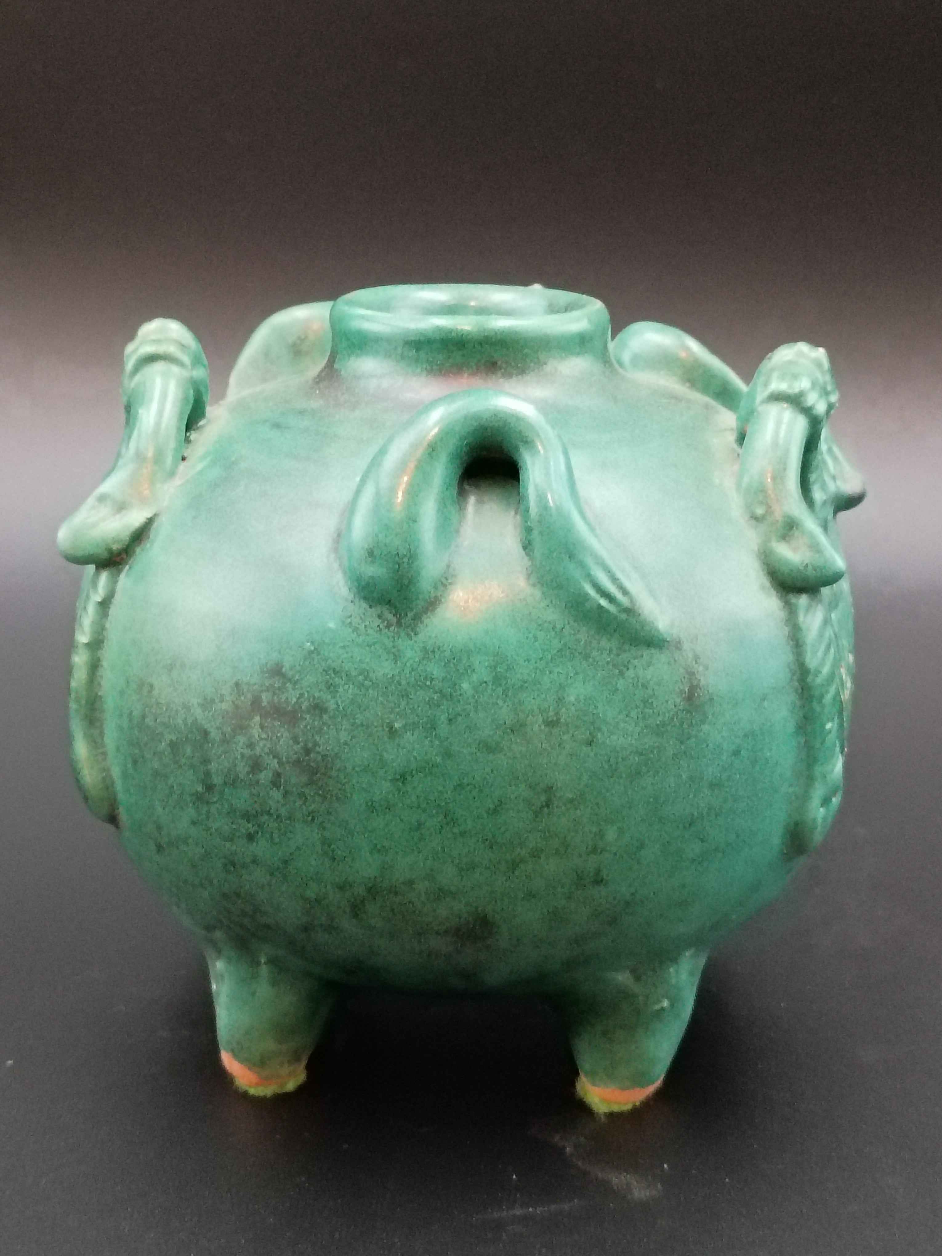 Antique Green Pottery Elephant Vase 4in x 5in