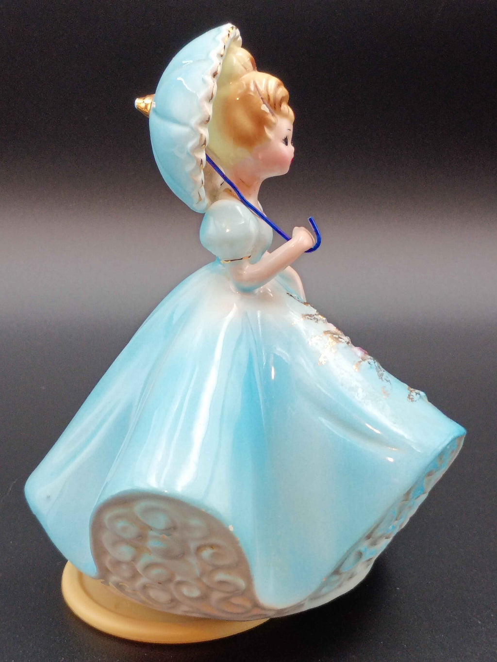 Vintage Josef Originals Lady in Blue Dress Porcelain Music Box Figurine. 6in tall