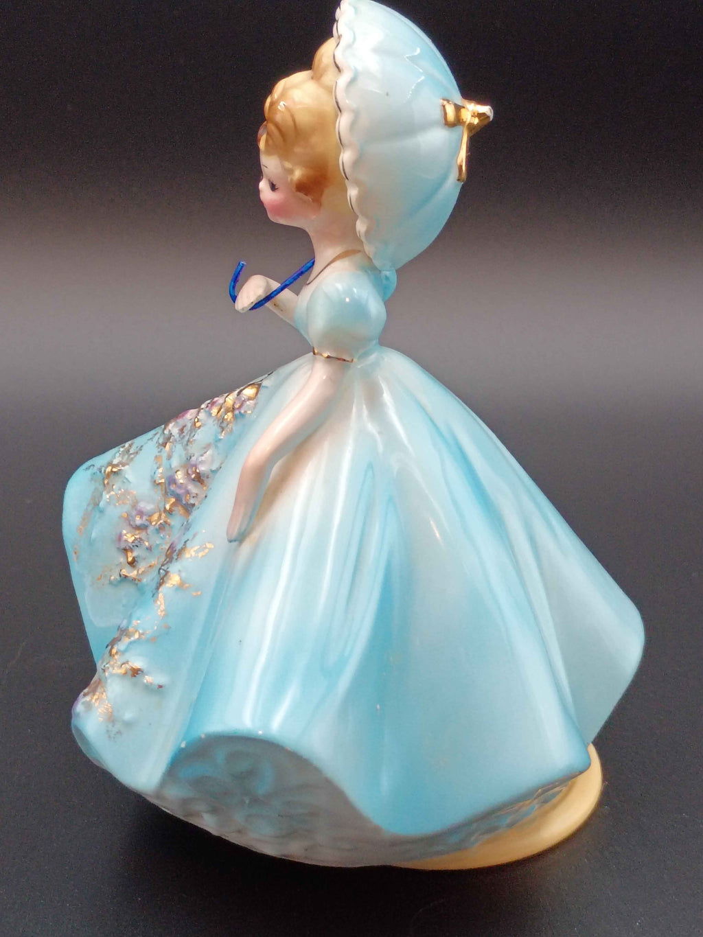 Vintage Josef Originals Lady in Blue Dress Porcelain Music Box Figurine. 6in tall