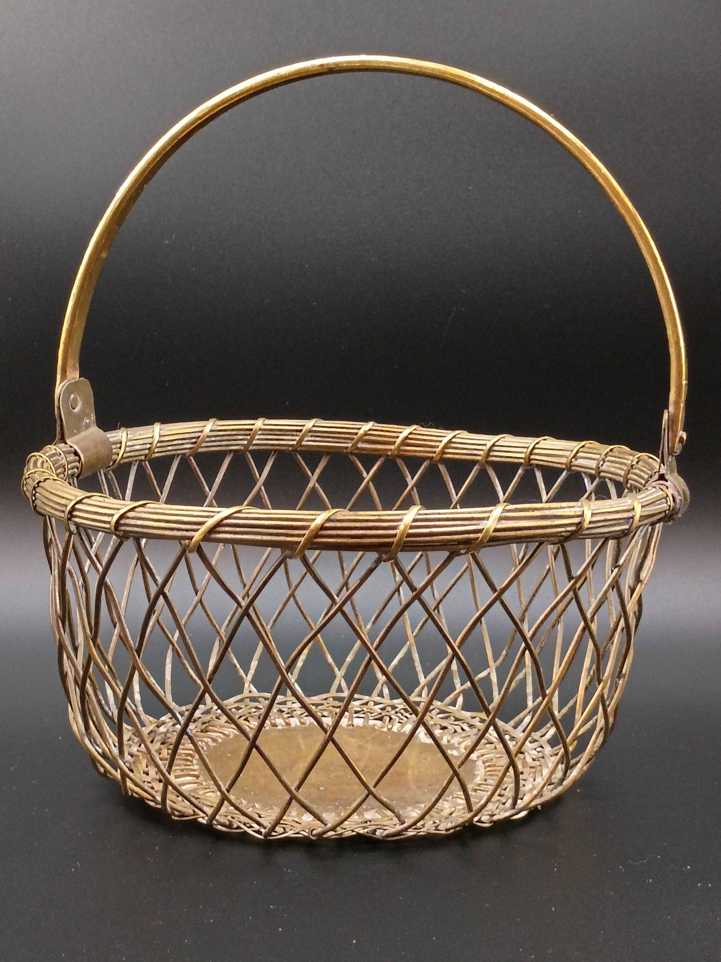 Brass Round Basket Woven Metal Hinged Handle Natural Patina India - Shop Under The Cedar