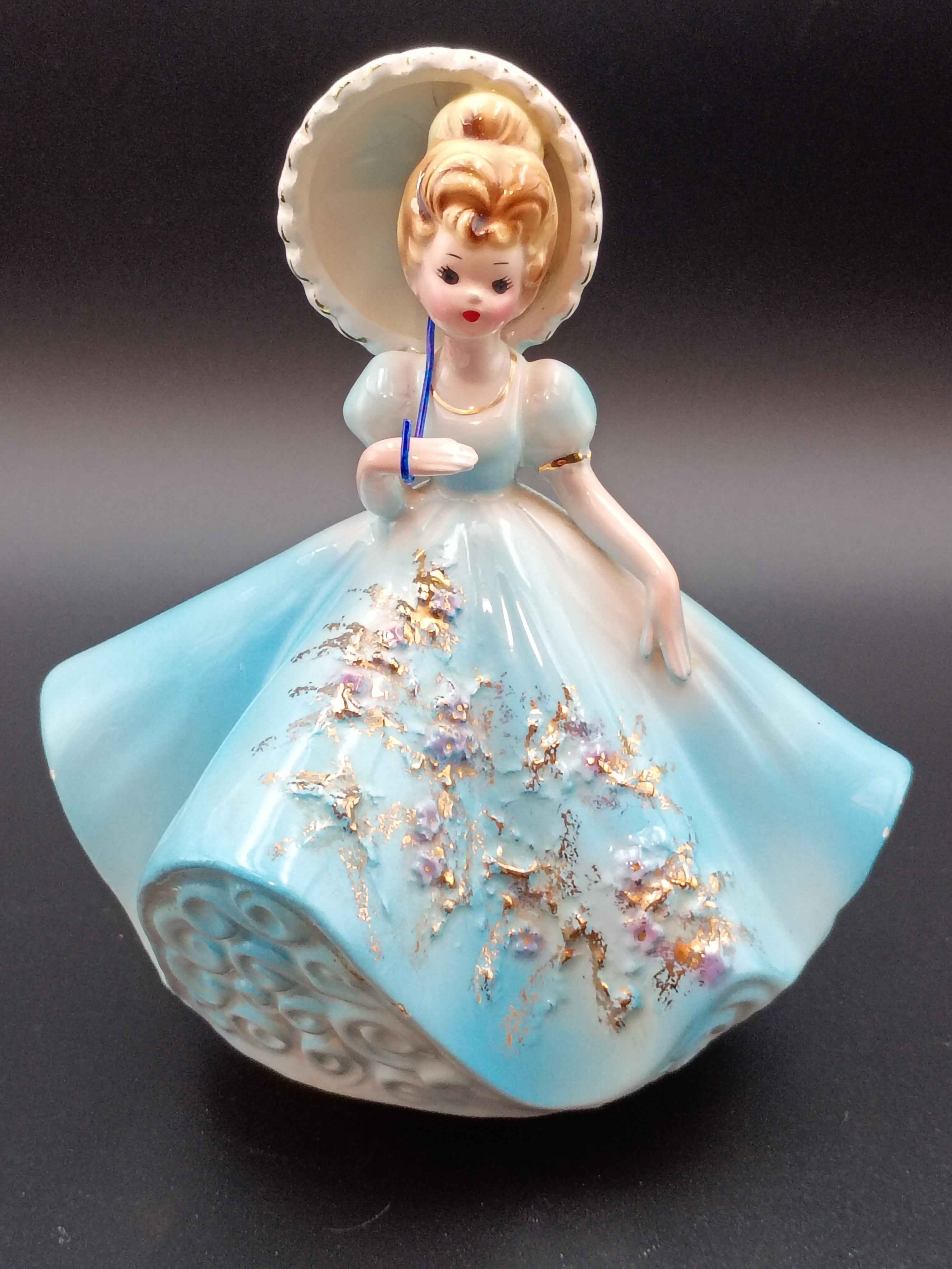 Vintage Josef Originals Lady in Blue Dress Porcelain Music Box Figurine. 6in tall