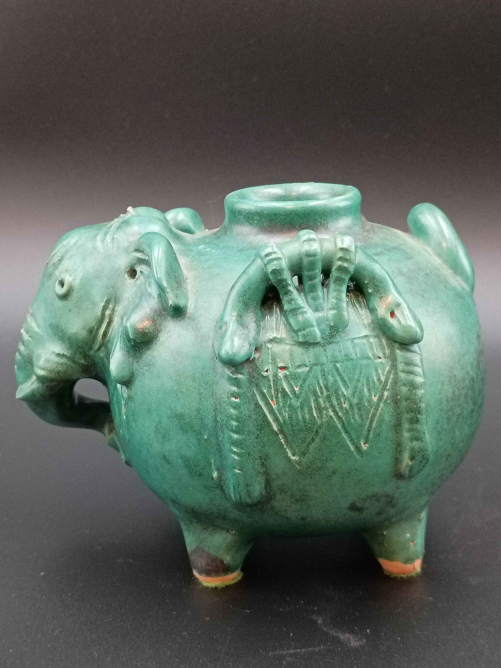 Antique Green Pottery Elephant Vase 4in x 5in