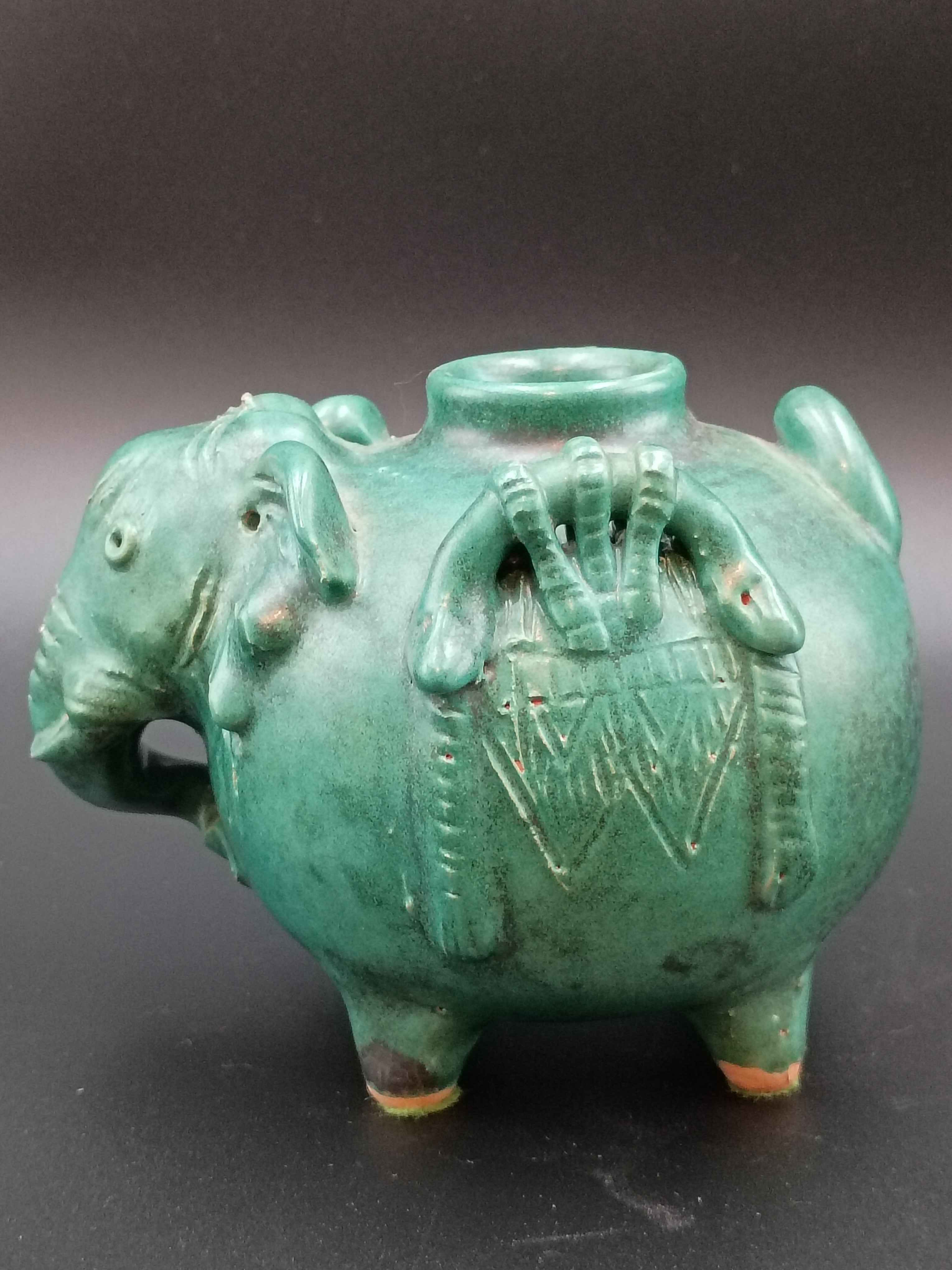 Antique Green Pottery Elephant Vase 4in x 5in